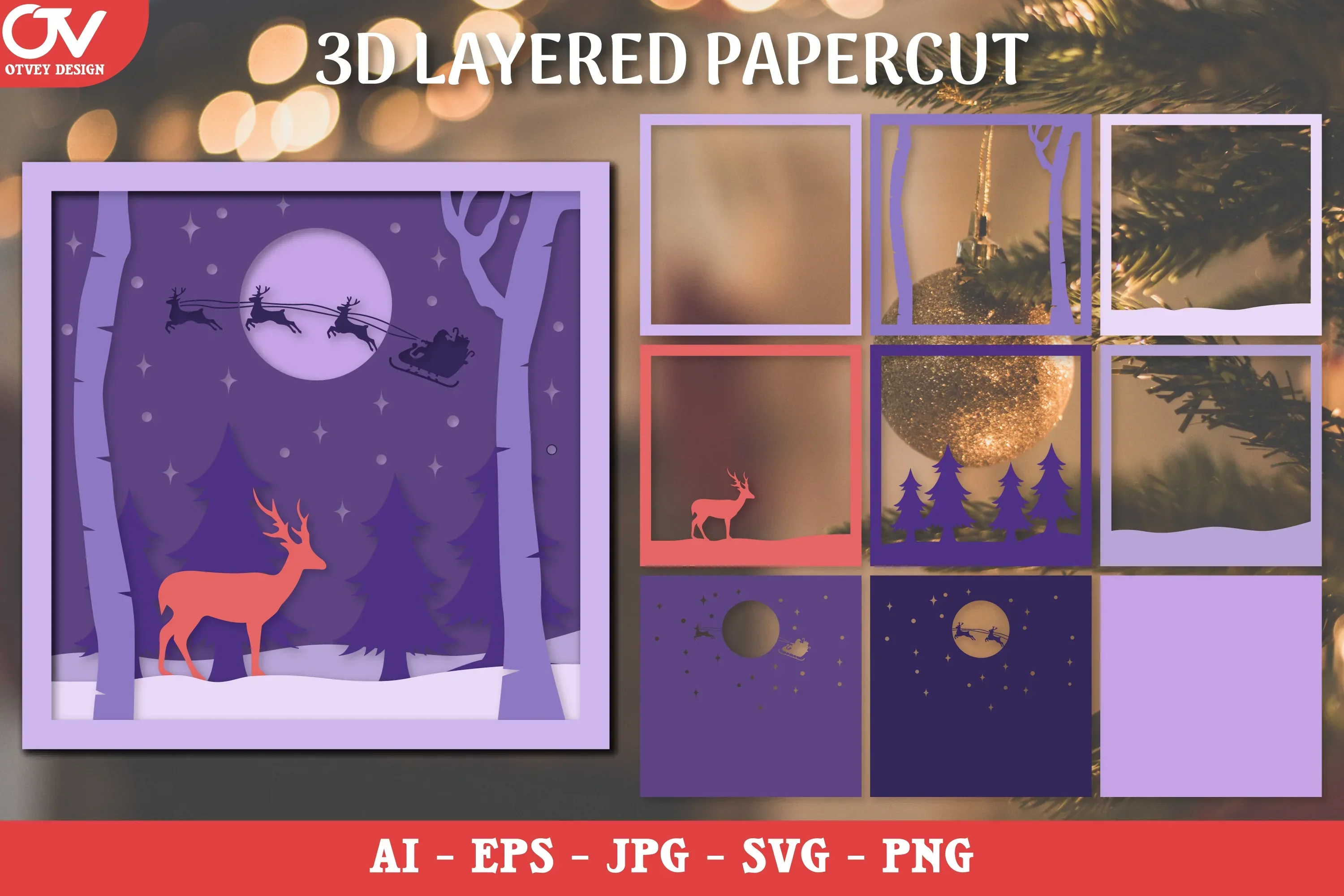 3D Christmas Deer with Santa Sleigh Layered Papercut SVG Bundle