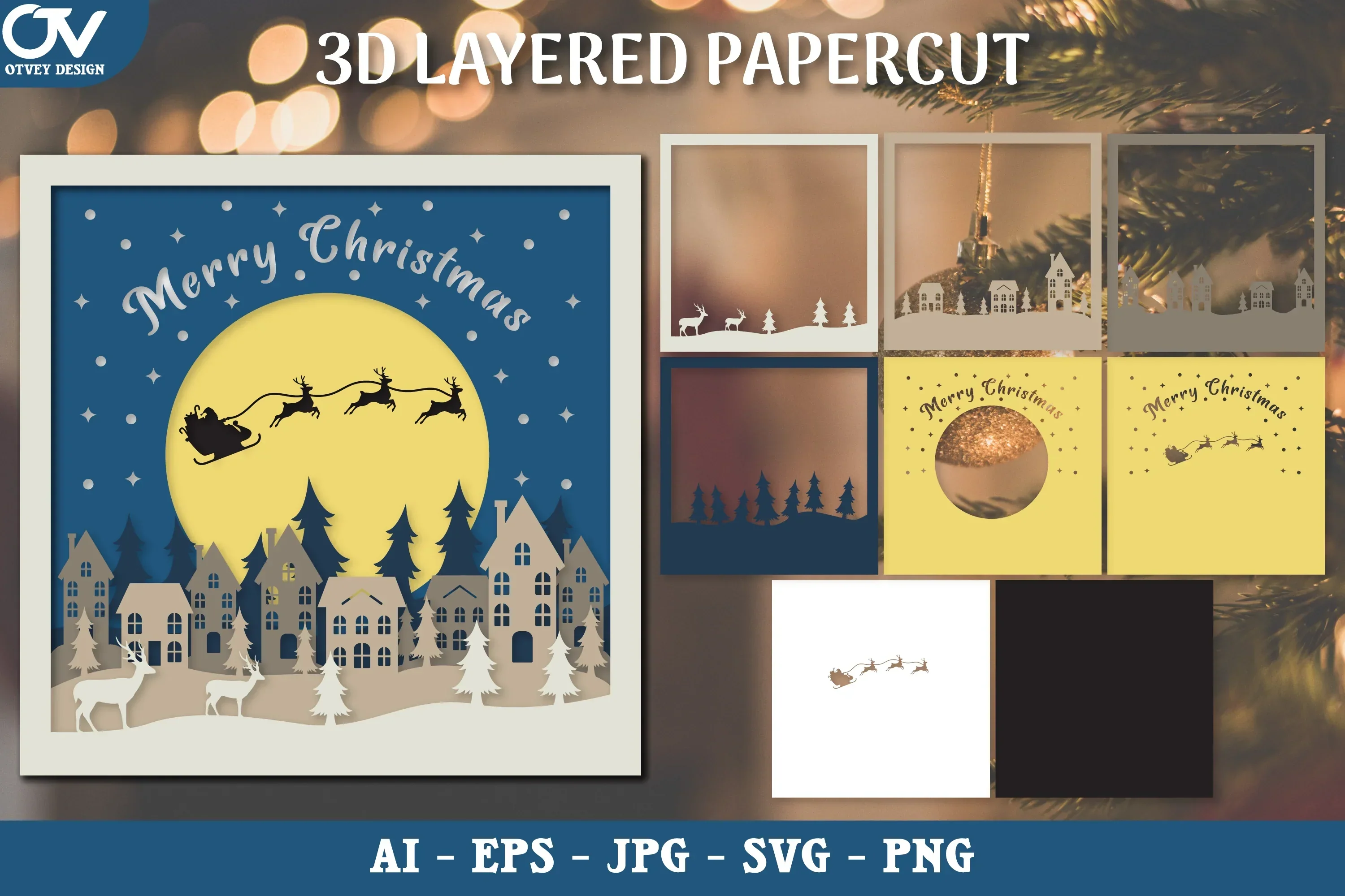 3D Christmas Deer with Santa Sleigh Layered Papercut SVG Bundle