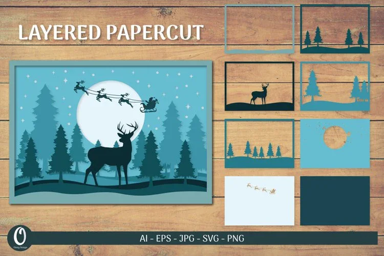 3D Deer Christmas Scene Layered Papercut SVG Bundle