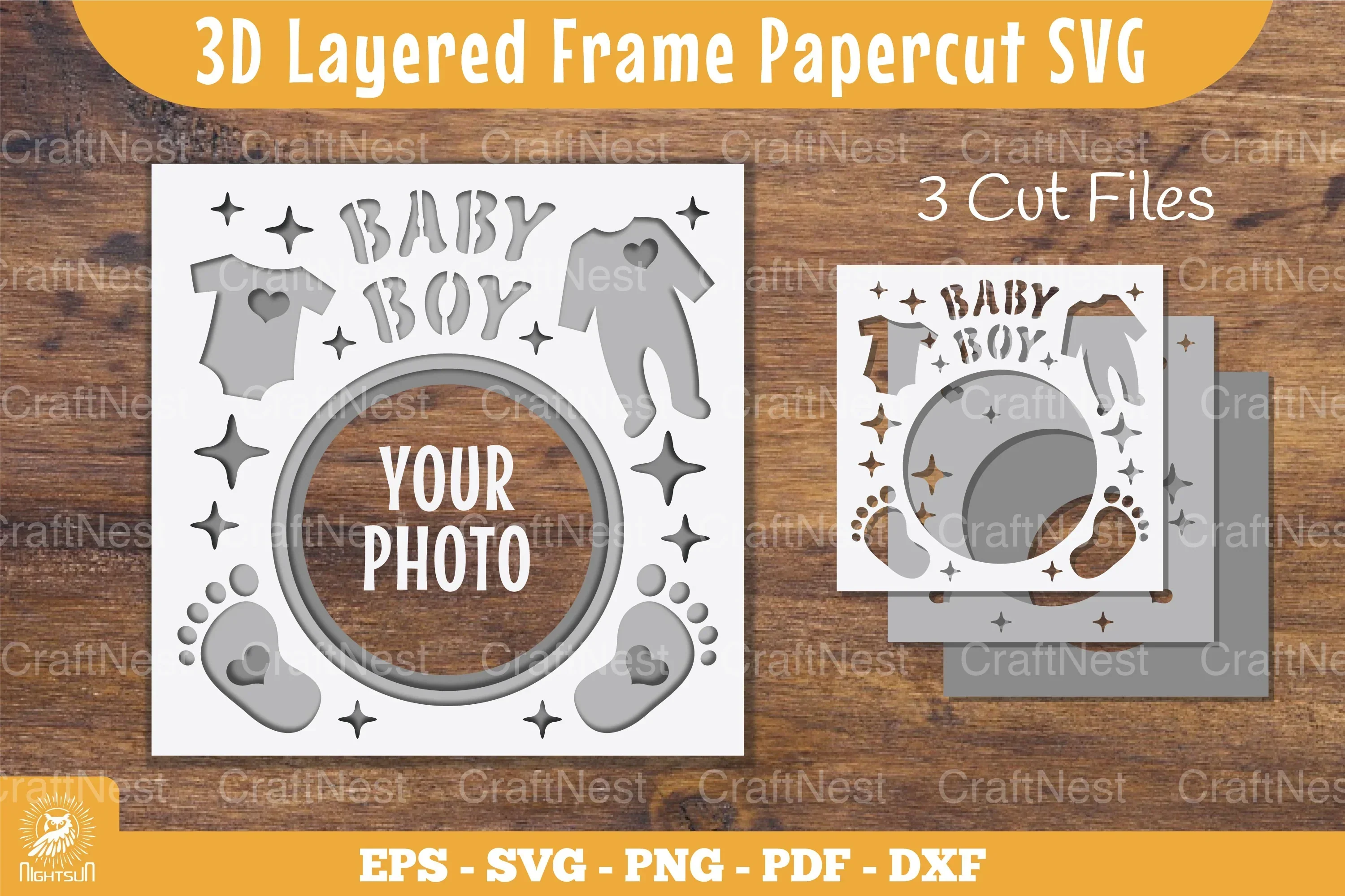 3D Layered Baby Boy Papercut Frame Clipart Bundle