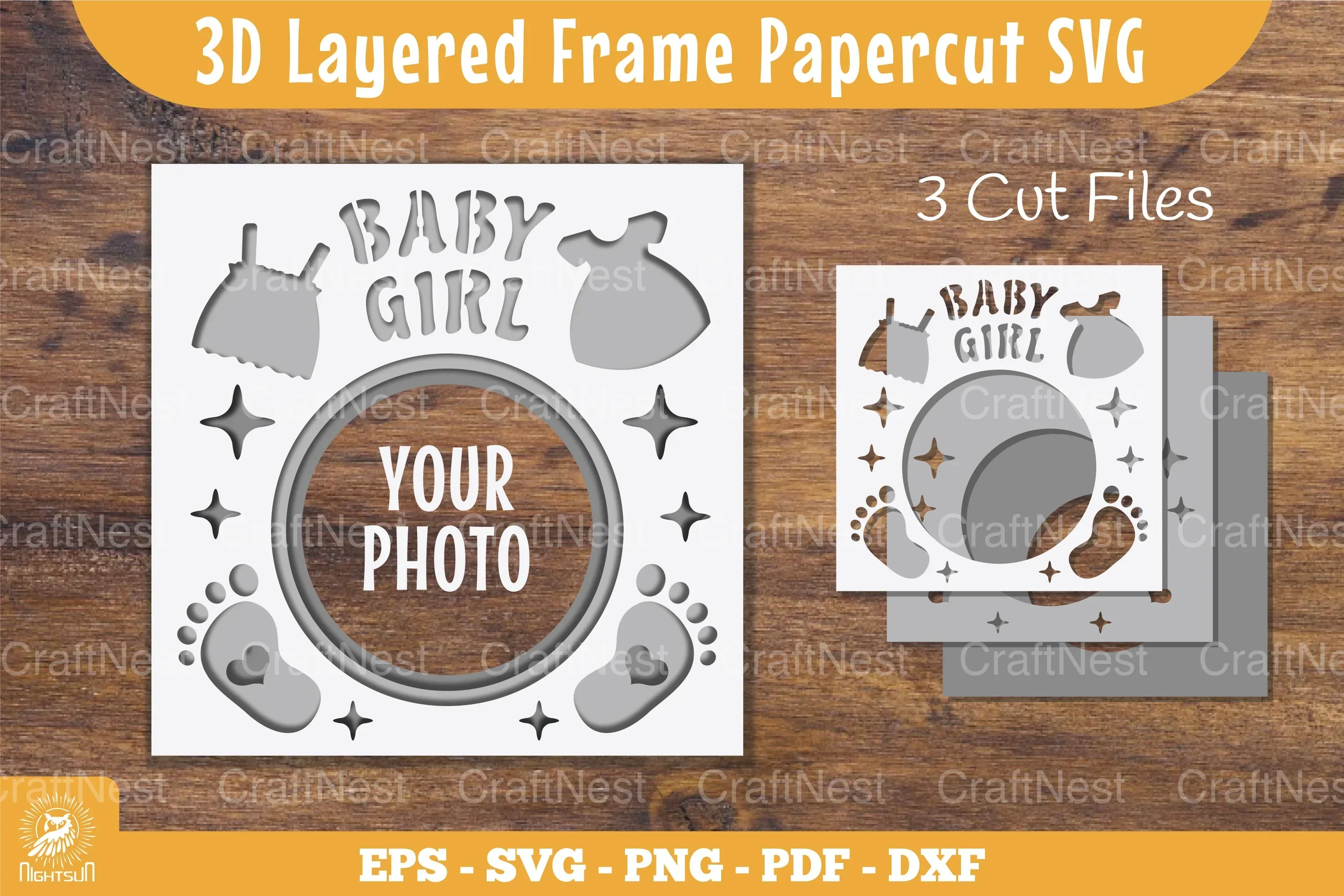 3D Layered Baby Girl Papercut Frame Clipart Bundle
