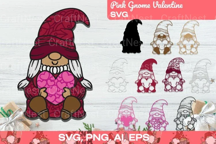 3D Layered Pink Gnome Valentine SVG Bundle