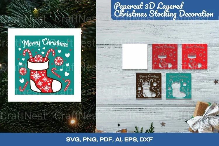 3D Shadow Box Layered Christmas Stocking Decoration Clipart Bundle
