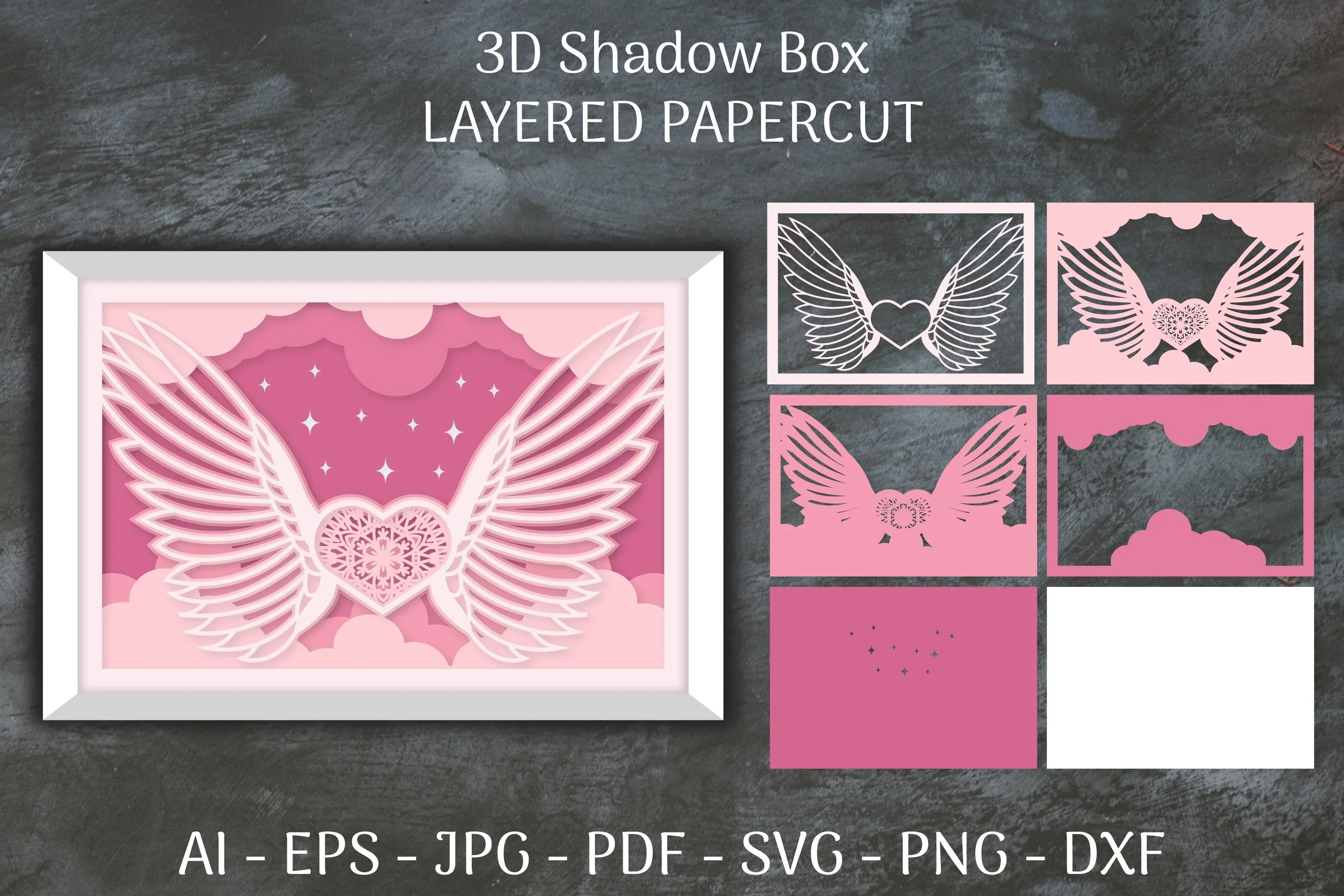 3D Shadow Box Love Angel Wings Layered Papercut SVG Bundle - Image 2