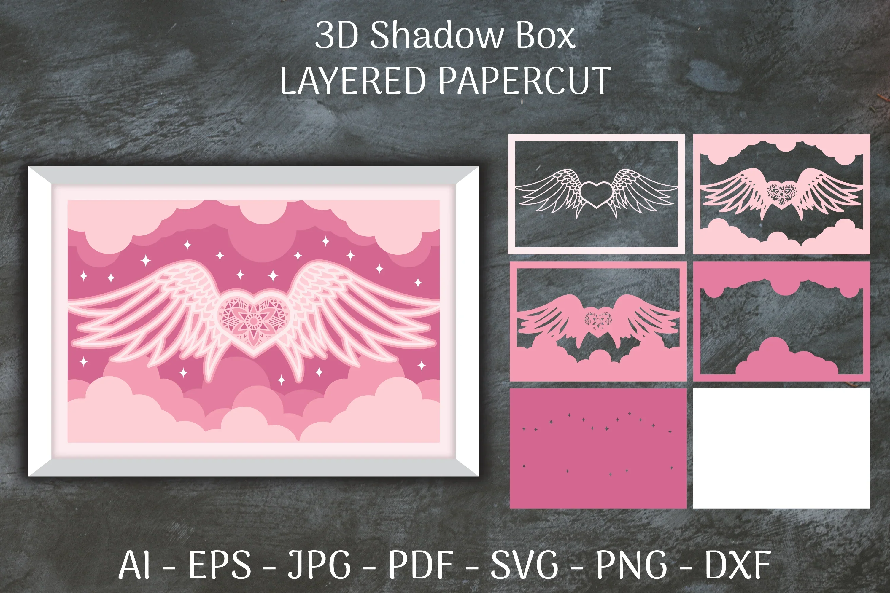 3D Shadow Box Love Angel Wings Layered Papercut SVG Bundle - Image 2