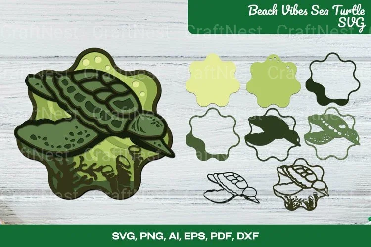 Beach Vibes Sea Turtle 3D Layered SVG Bundle