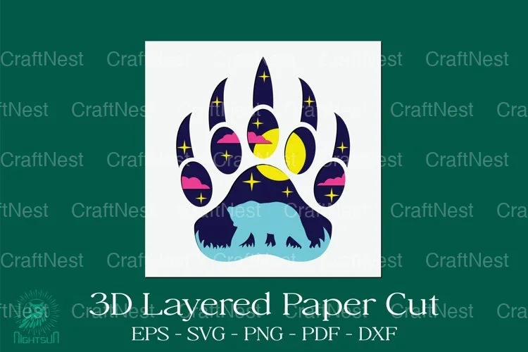 Bear Footprint 3D Layered Papercut Clipart Bundle
