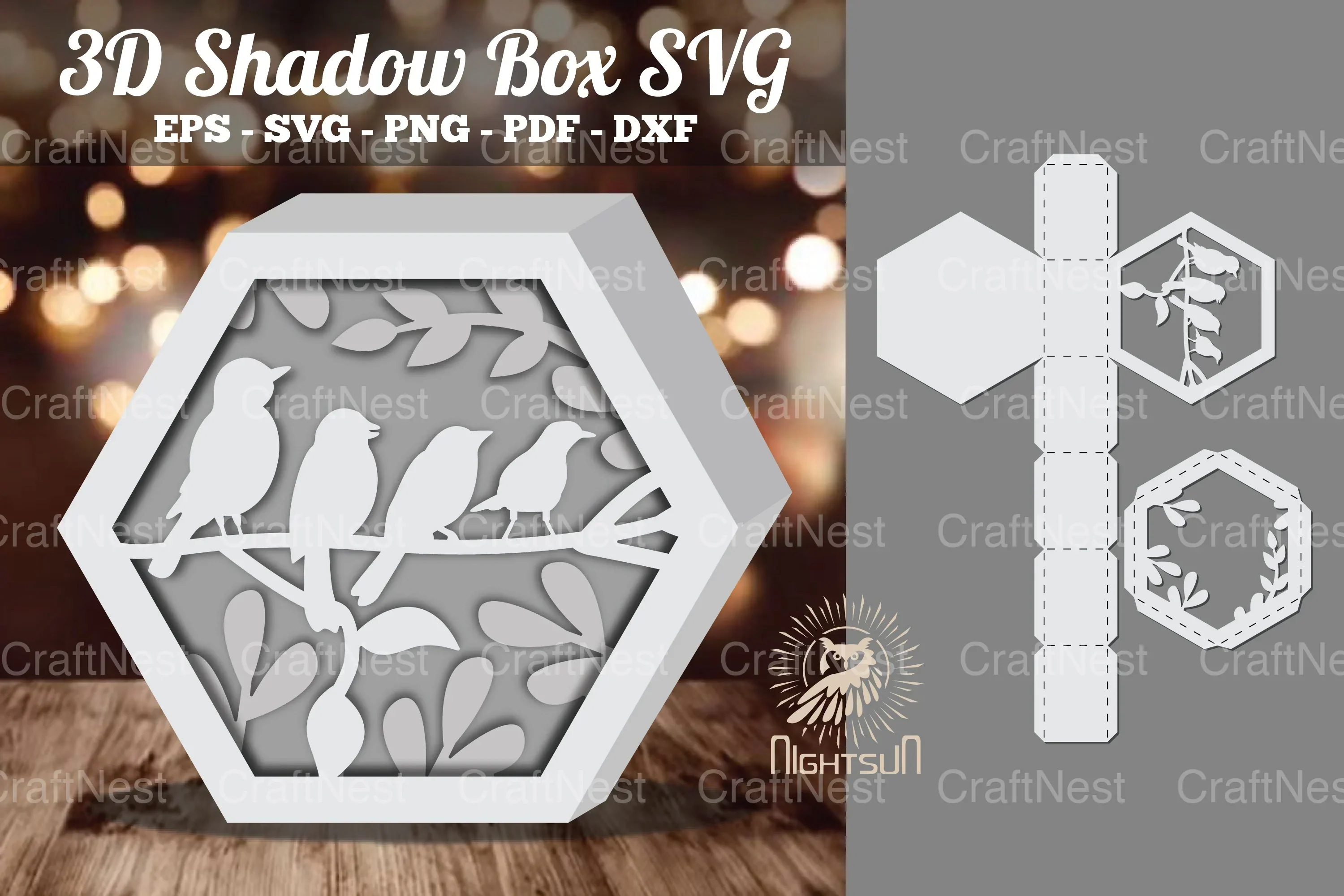 Birds Hexagon Shadow Box Clipart Bundle