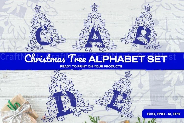 Blue Christmas Tree Alphabet Clipart Bundle