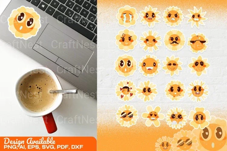Cartoon Flower Faces Smiling Characters Clipart Bundle