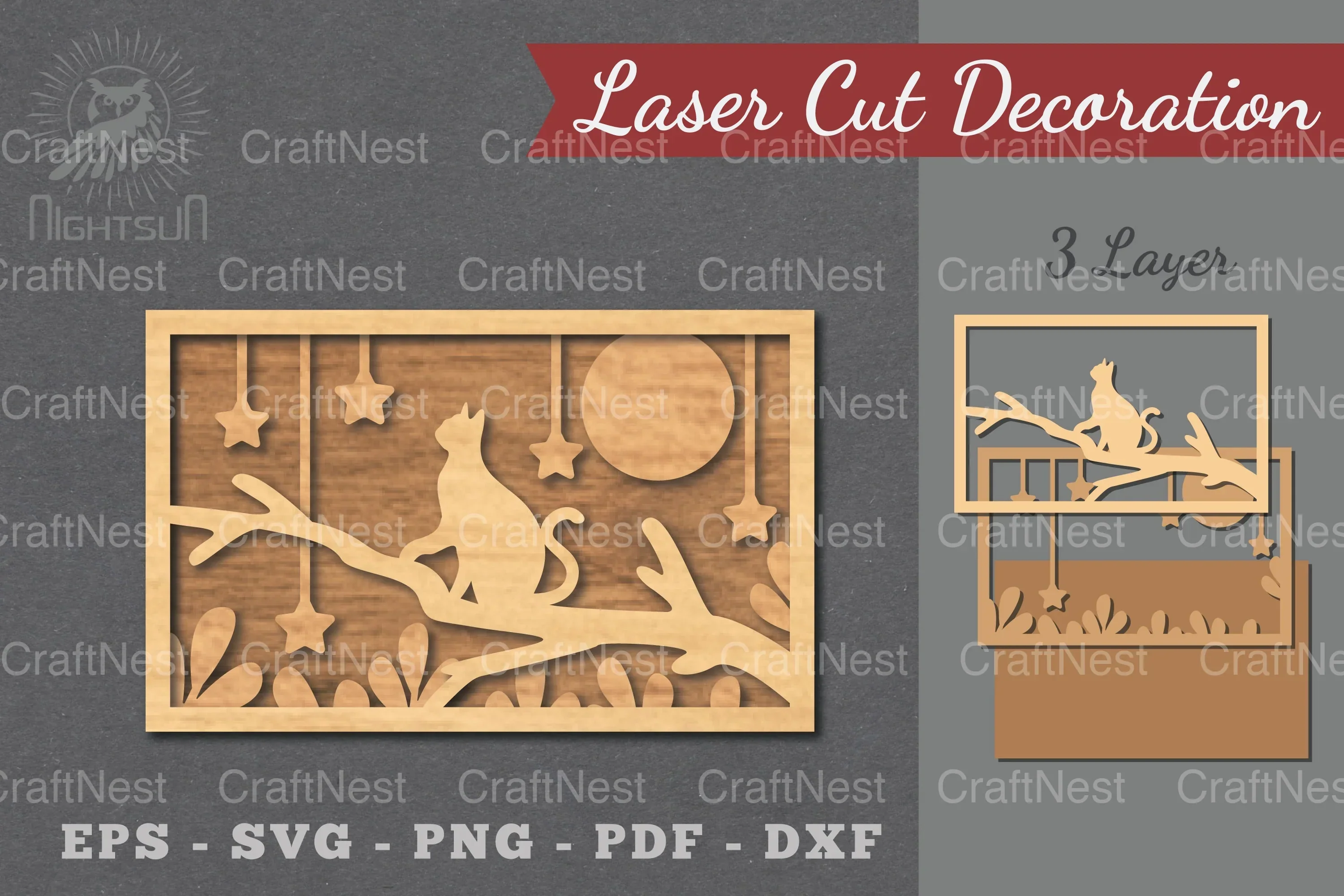 Cat in Tree Laser Cut Home Decor SVG Bundle