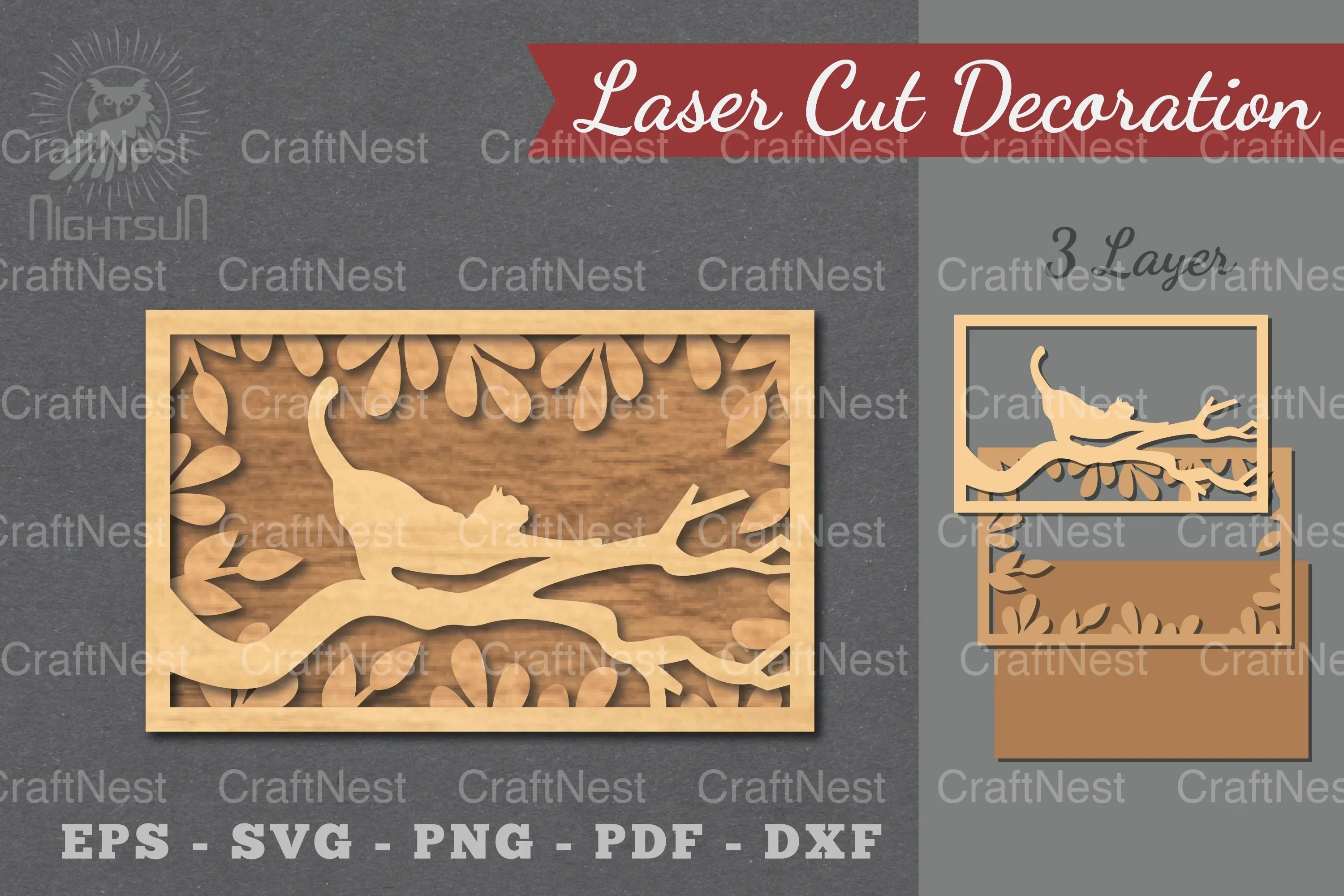 Cat in Tree Laser Cut Home Decor SVG Bundle
