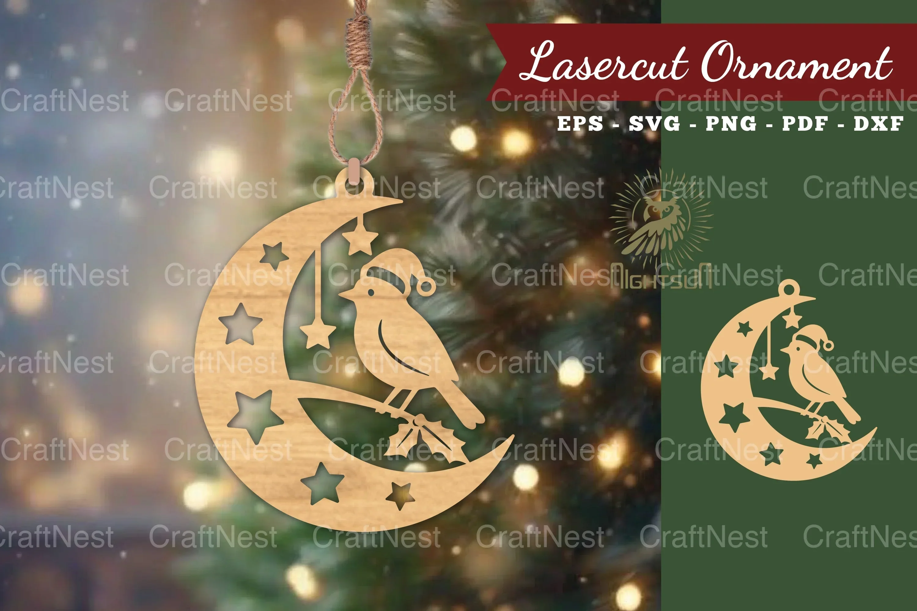 Christmas Bird in Moon Laser Cut Ornament Design Bundle