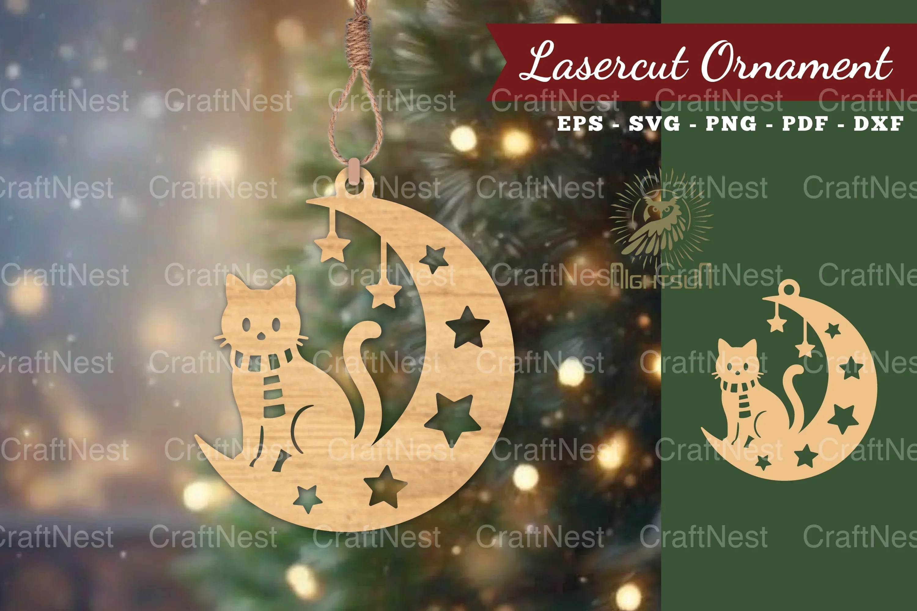 Christmas Cat in Moon Lasercut Ornament Clipart Bundle