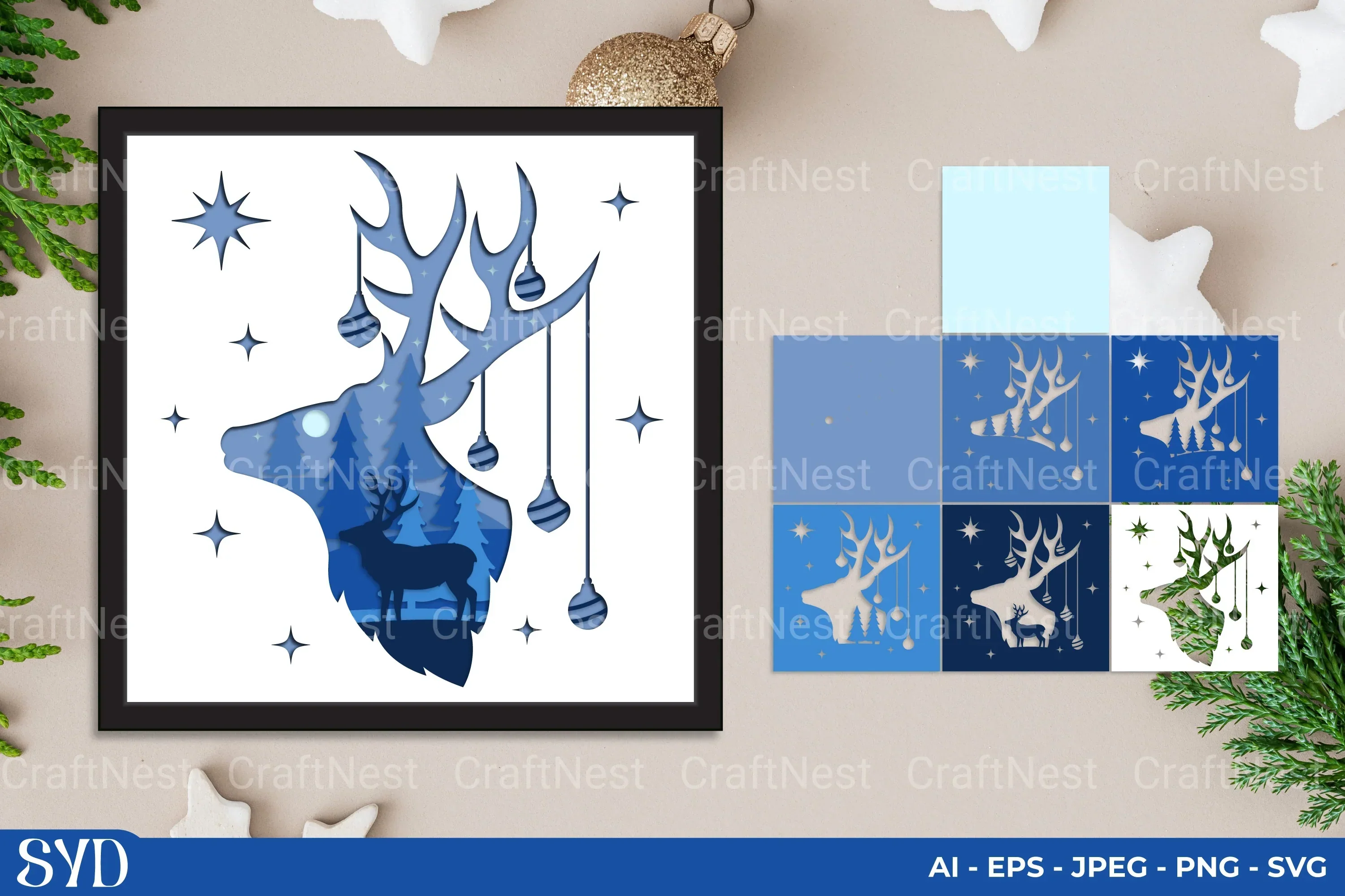 Christmas Deer 3D Layered Papercut Clipart Bundle