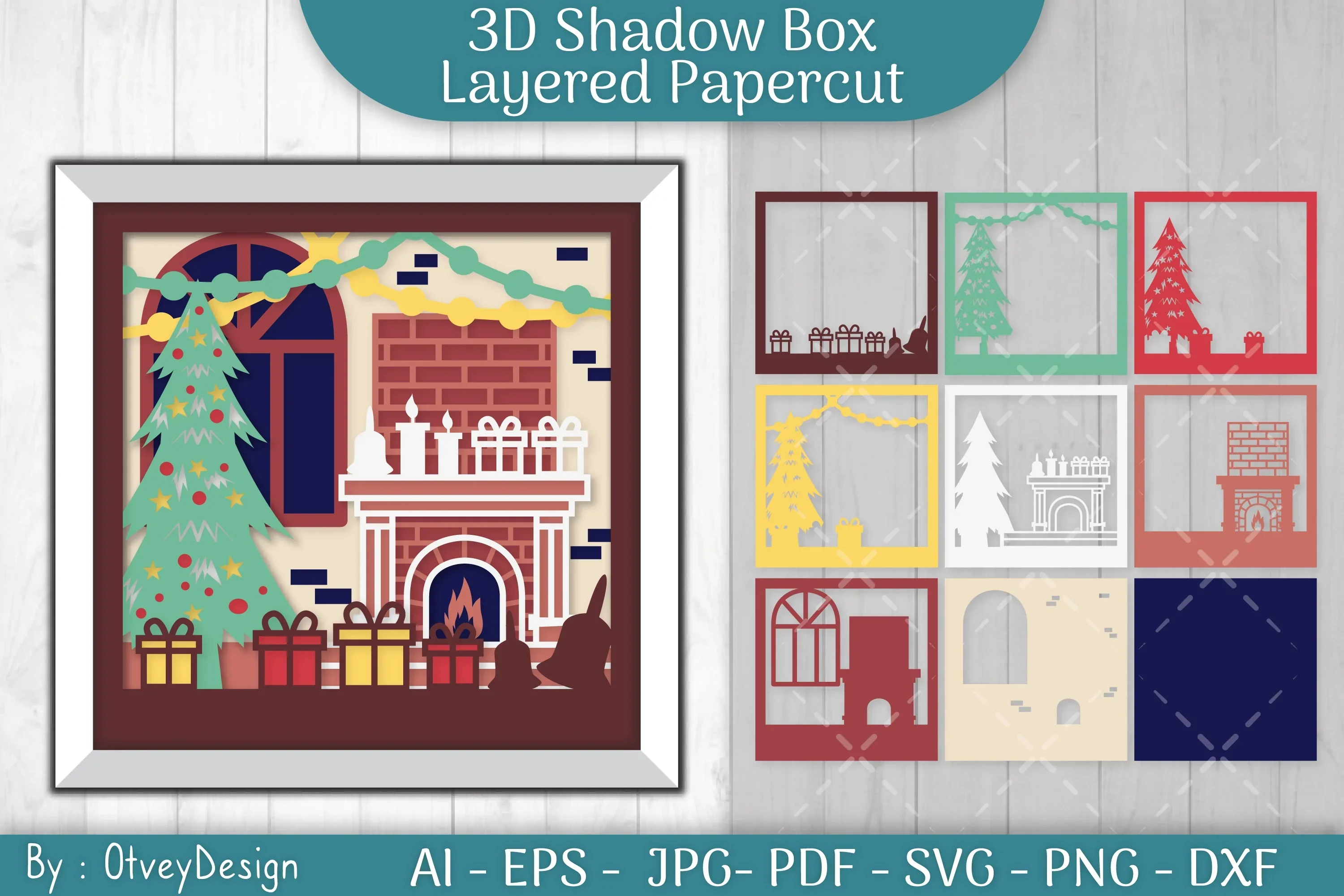 Christmas Fireplace 3D Shadow Box SVG Bundle
