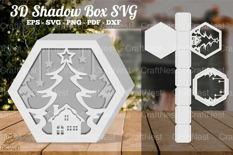 Christmas Tree Hexagon Shadow Box Clipart Bundle