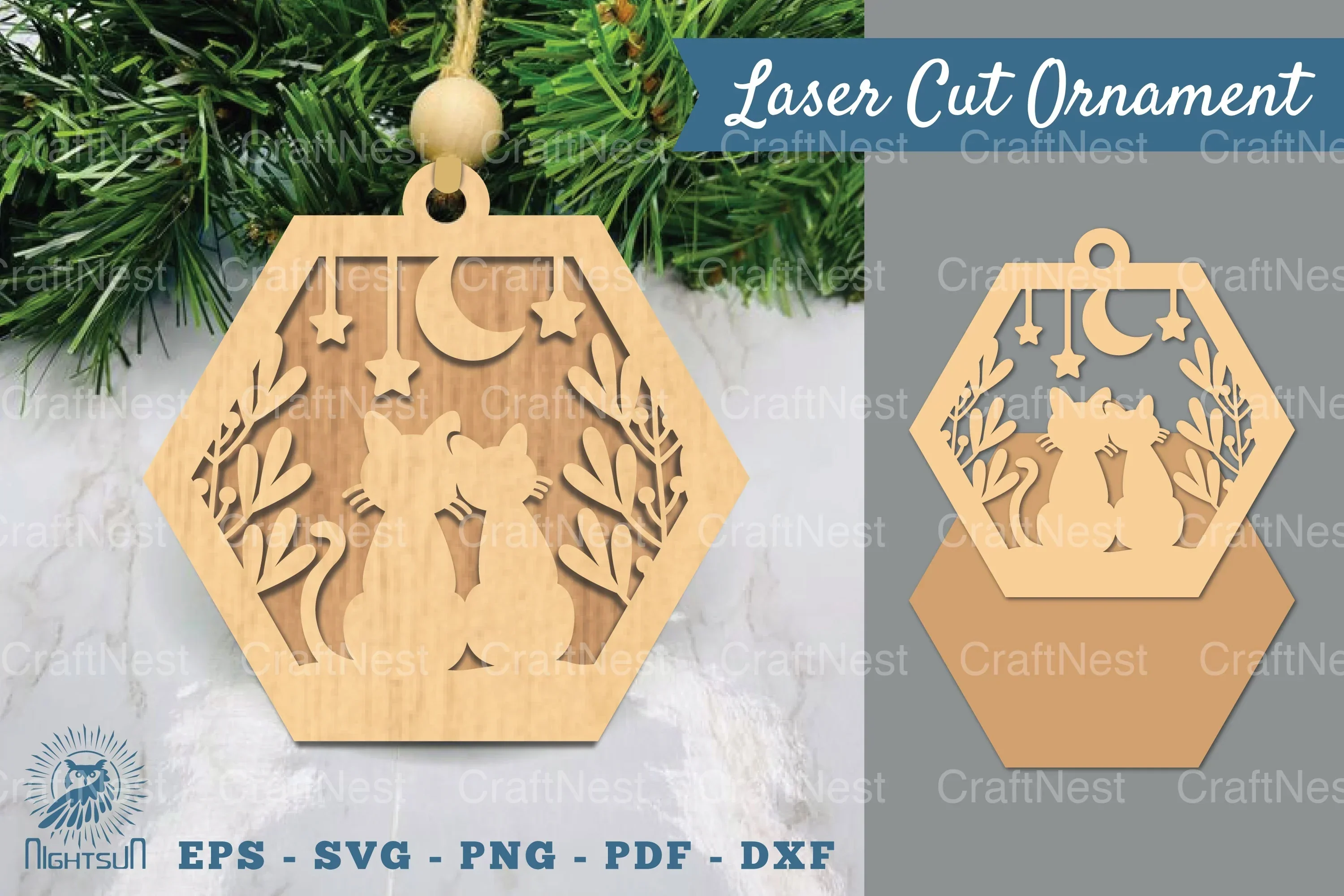 Couple Cat and Moon Laser Cut Ornament Clipart Bundle