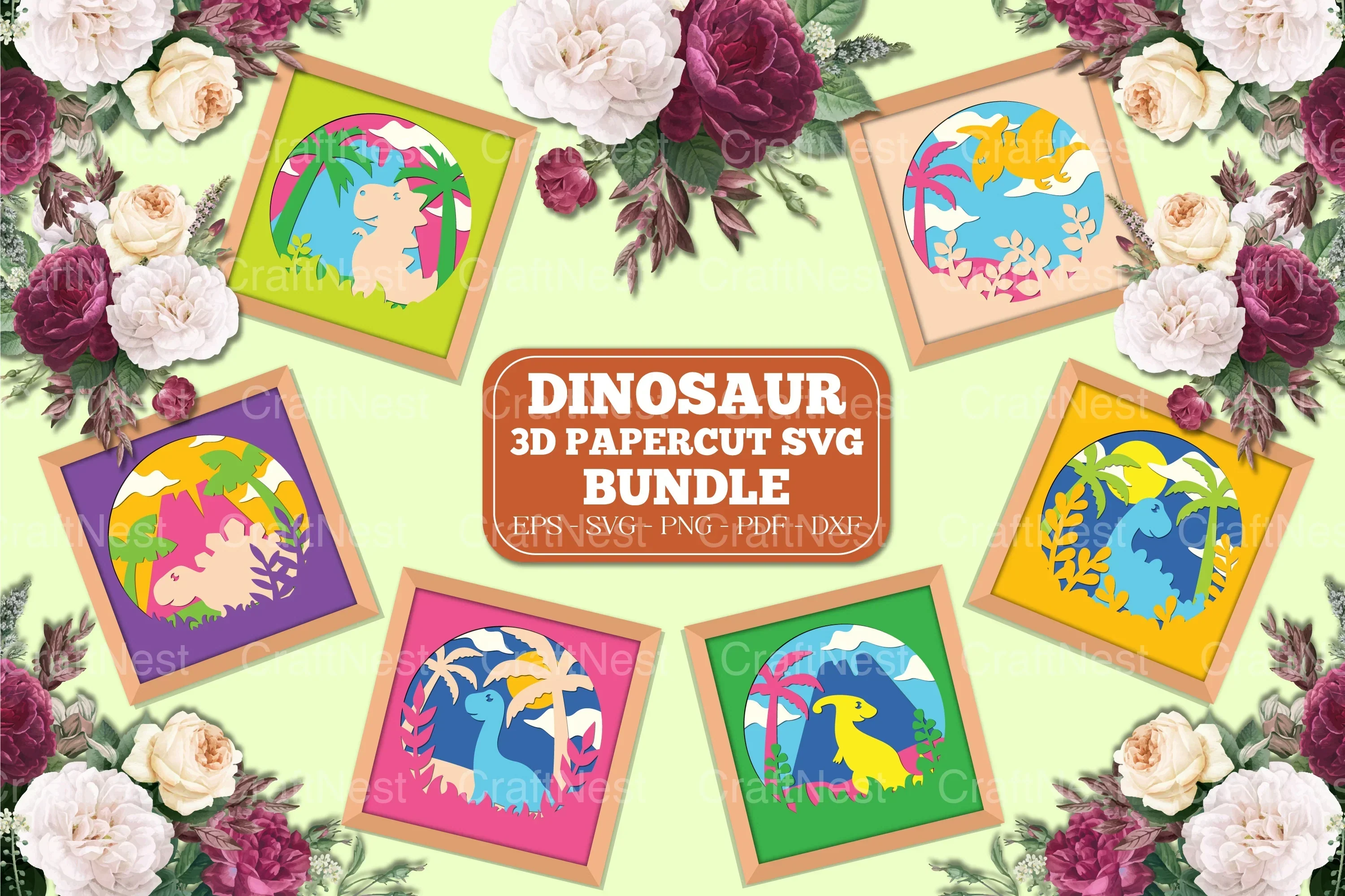 Cute Dinosaur 3D Layered Papercut Clipart Bundle