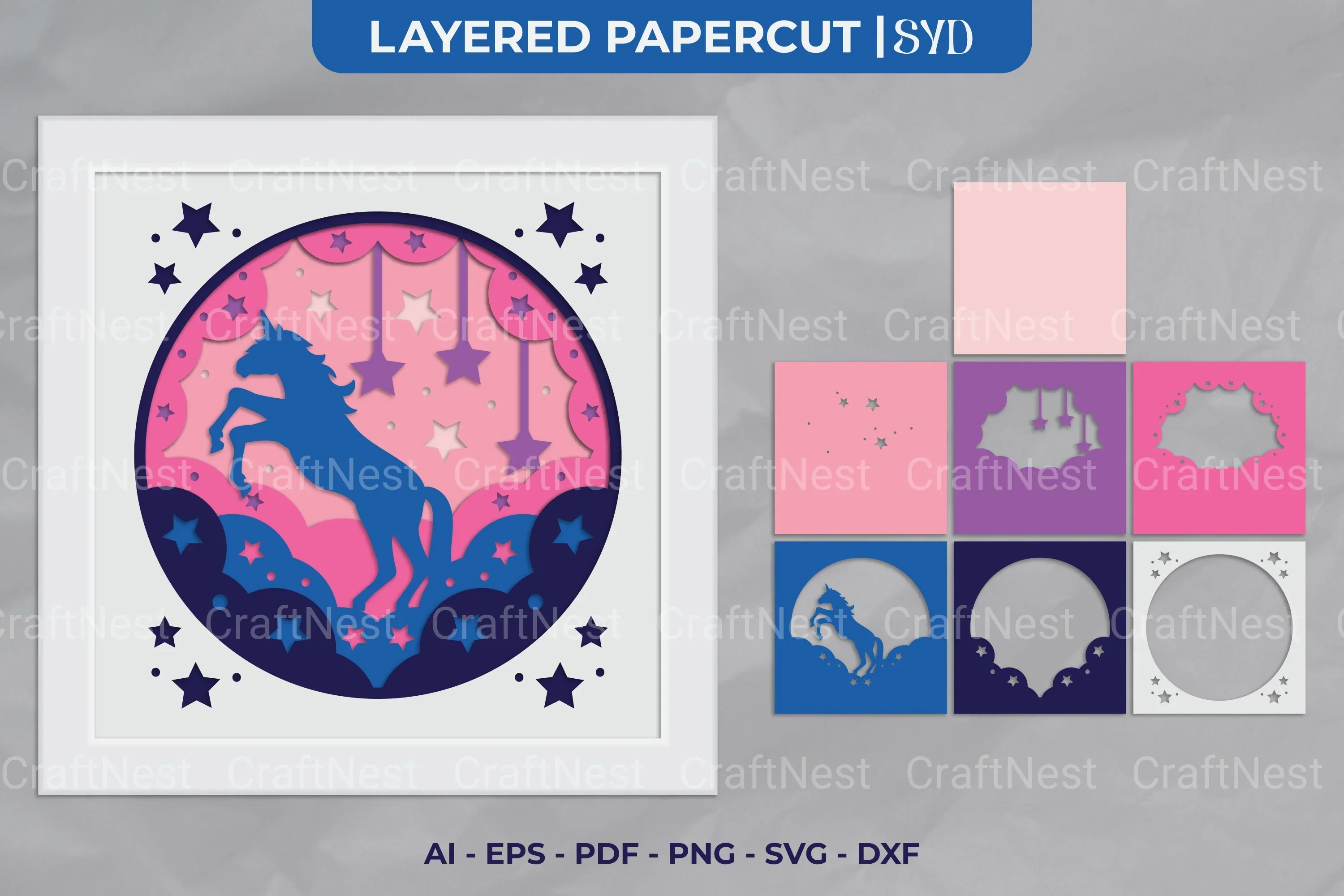 Fantasy Unicorn 3D Layered Papercut Clipart Bundle