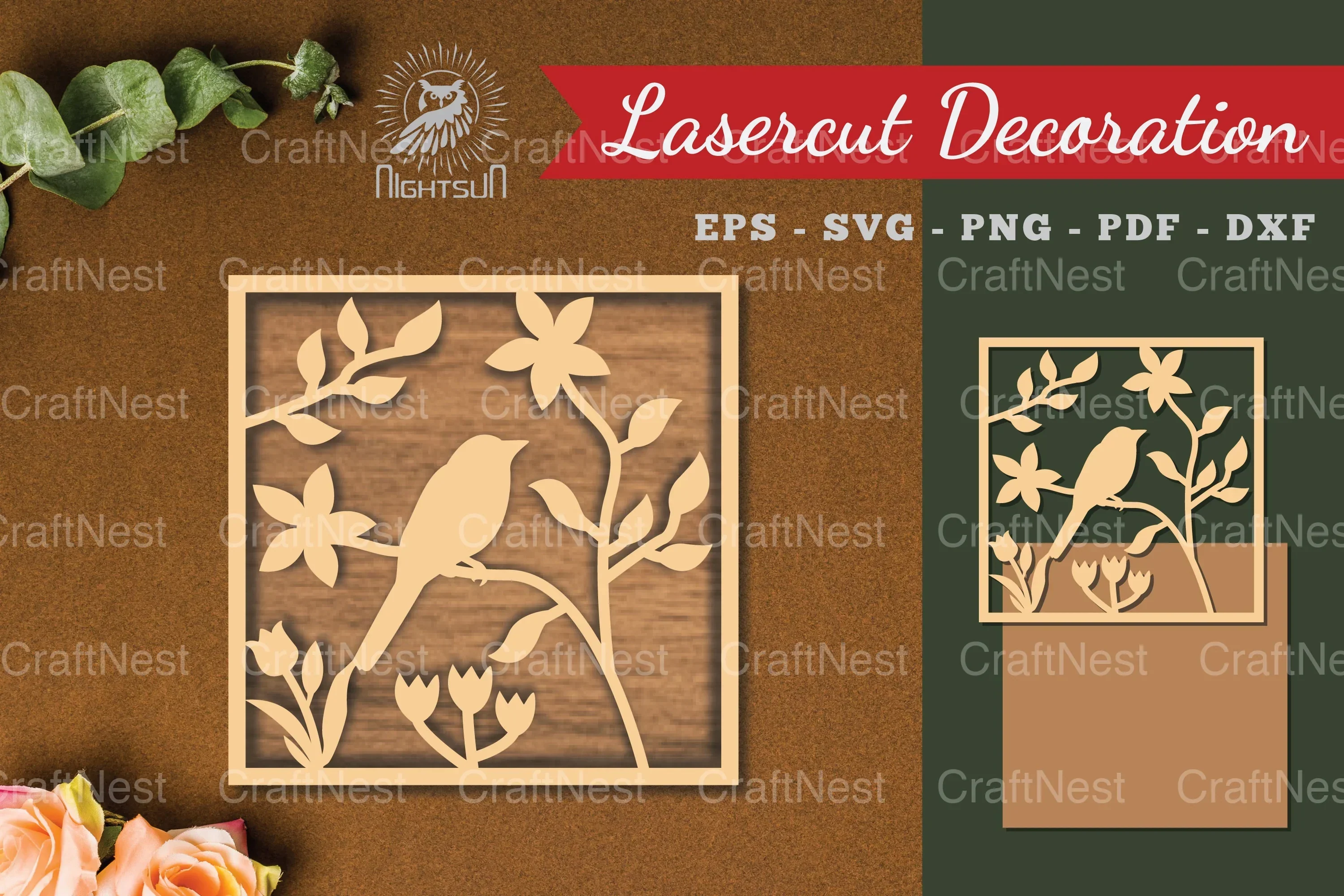 Floral Bird Square Laser Cut Decoration Clipart Bundle