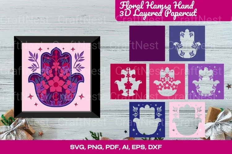Floral Hamsa Hand 3D Layered Papercut Clipart Bundle