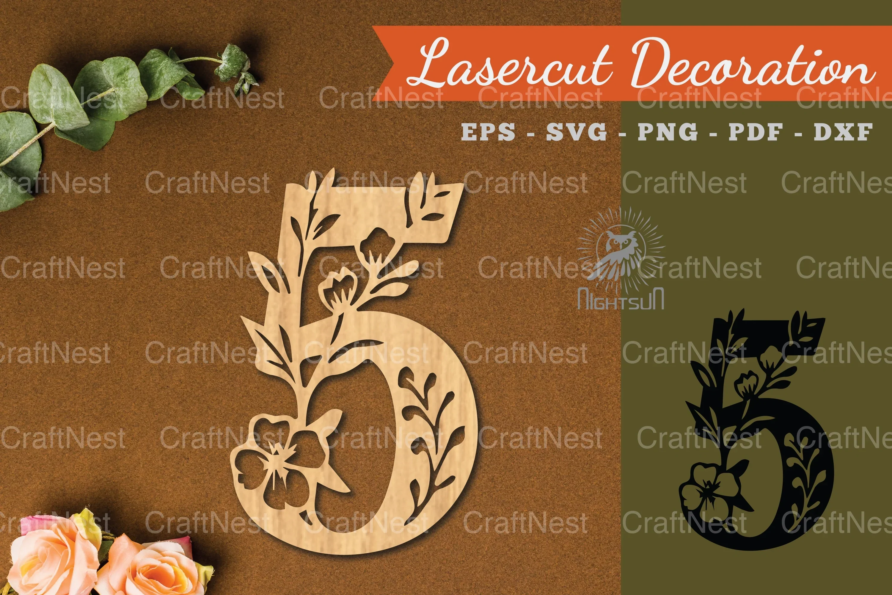 Floral Number Five Lasercut Decoration Clipart Bundle