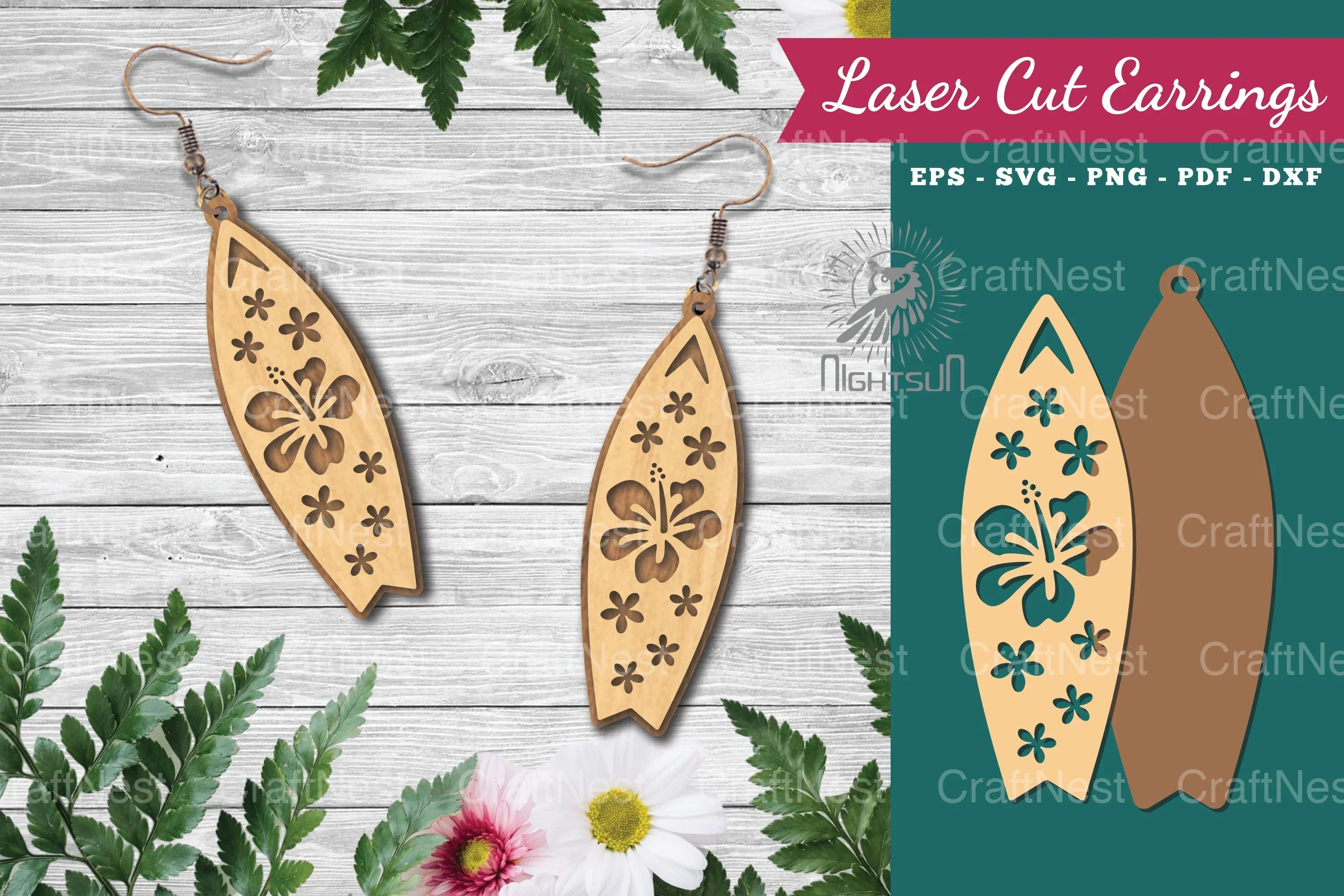 Floral Surfboard Laser Cut Earrings Design Bundle