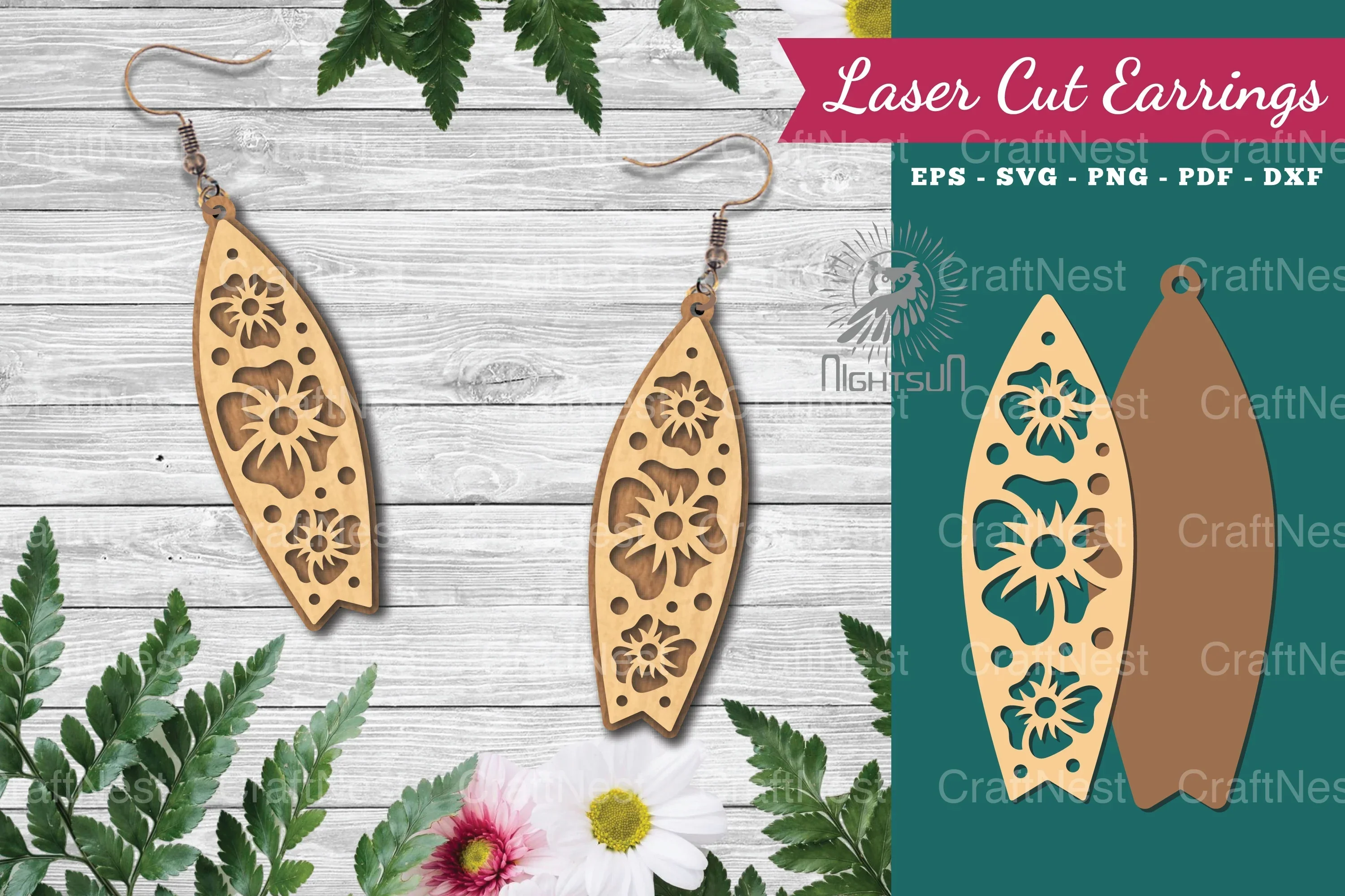 Floral Surfboard Laser Cut Earrings Design Bundle
