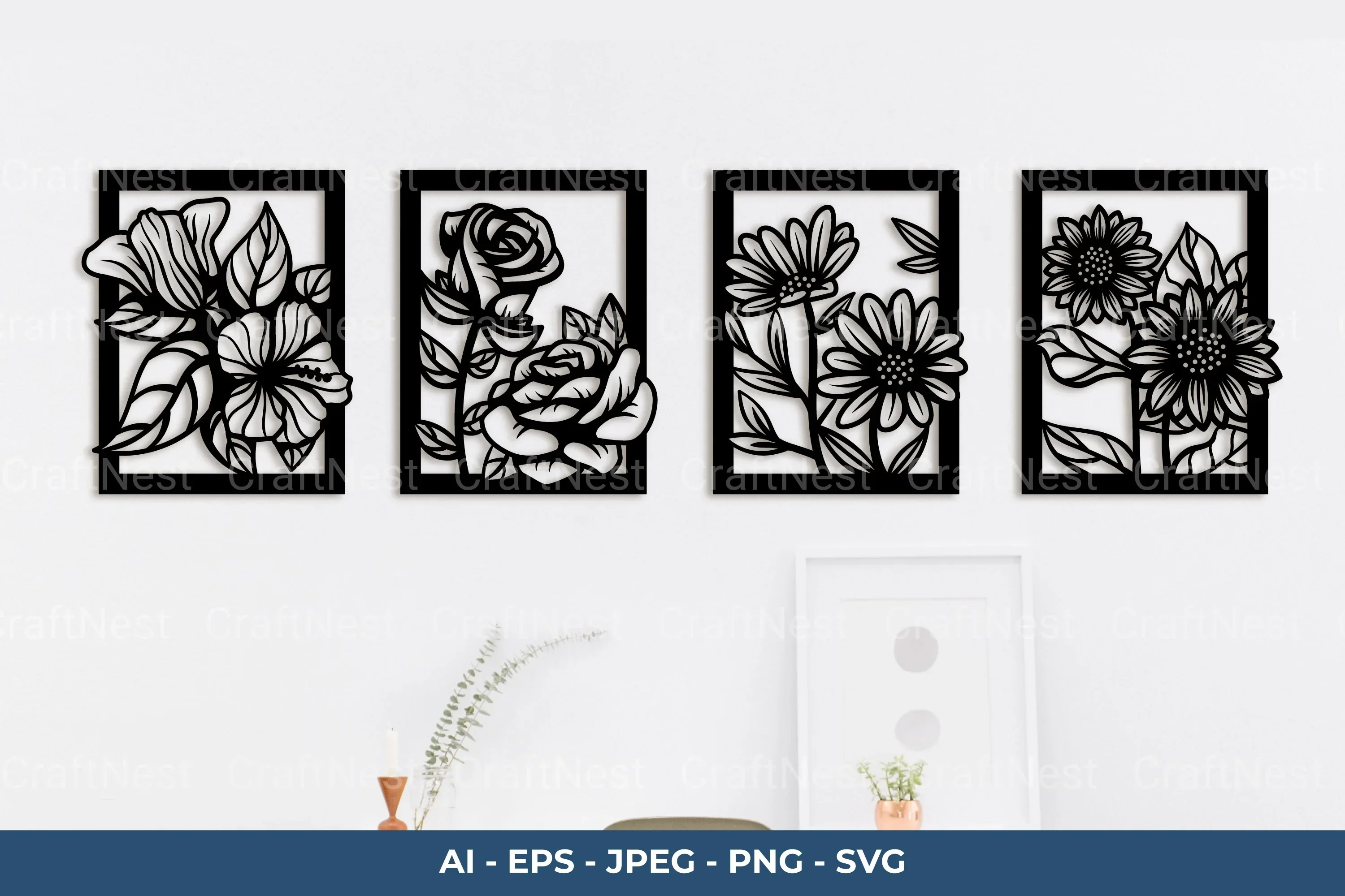 Flower Frame Laser Cut Wall Decor SVG Bundle