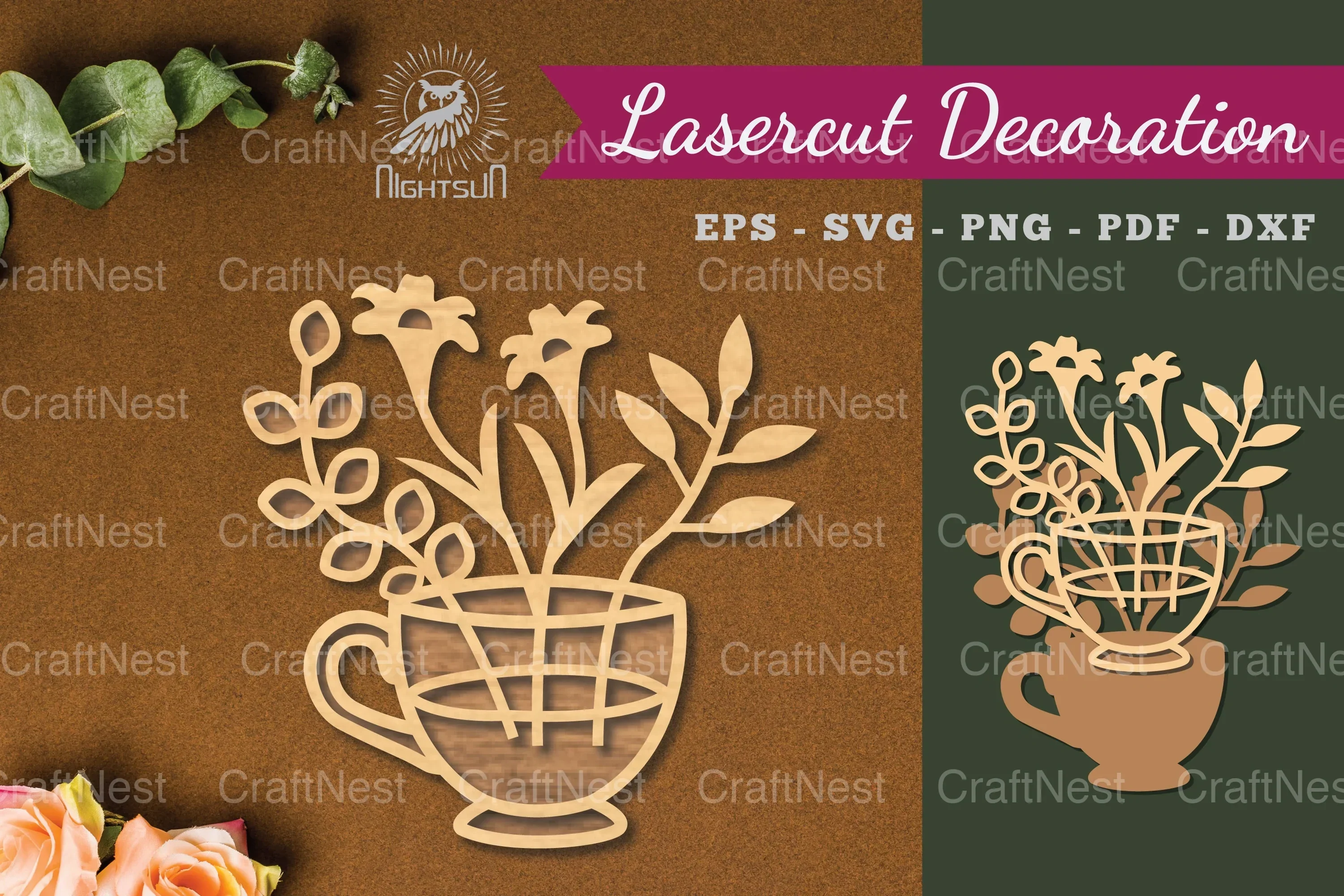 Flowers in Cup Laser Cut Decoration Clipart Bundle
