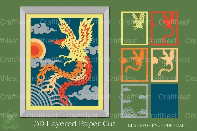 Flying Phoenix 3D Layered Papercut Shadow Box Clipart Bundle
