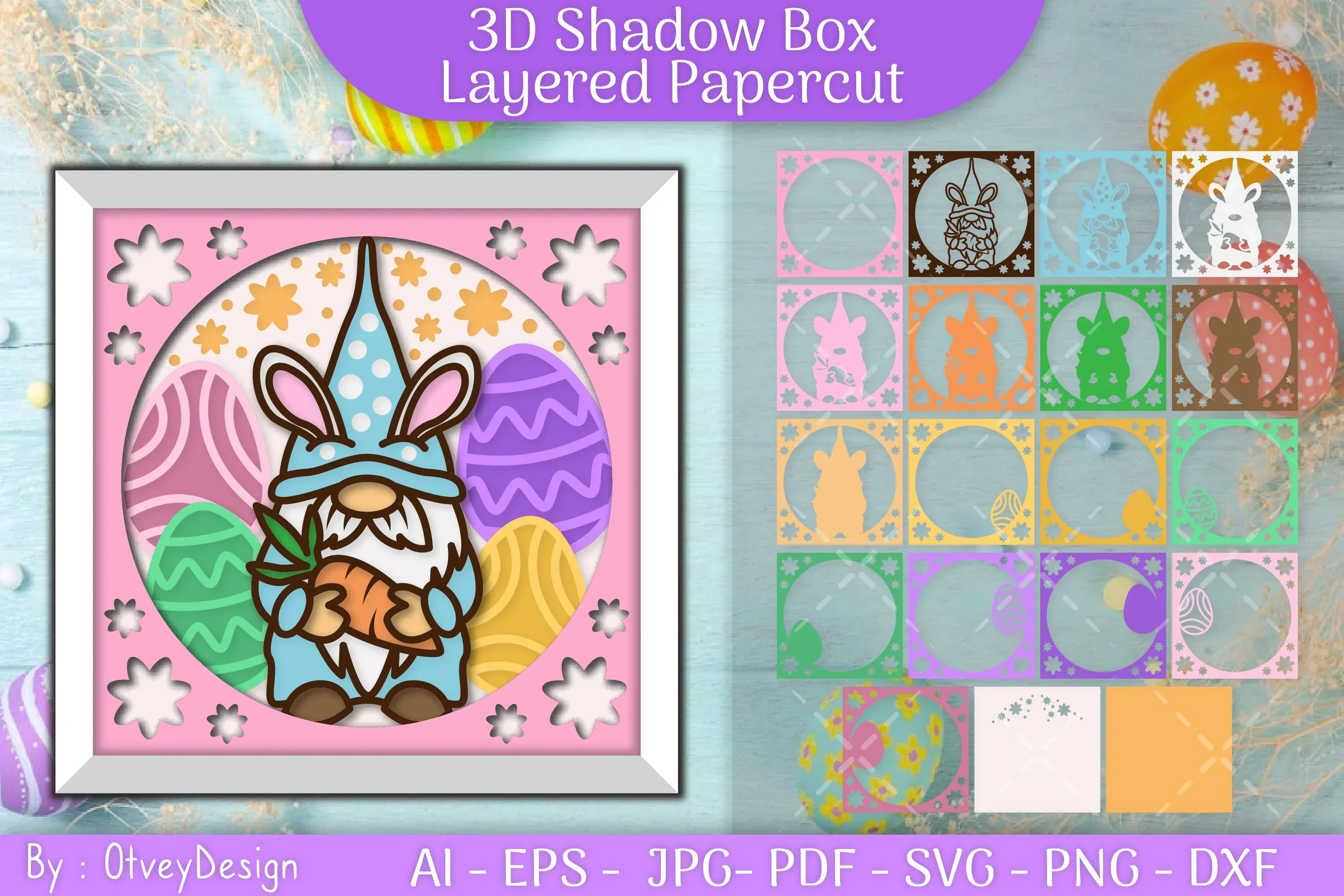 Gnome Easter 3D Shadow Box Layered Papercut SVG Bundle