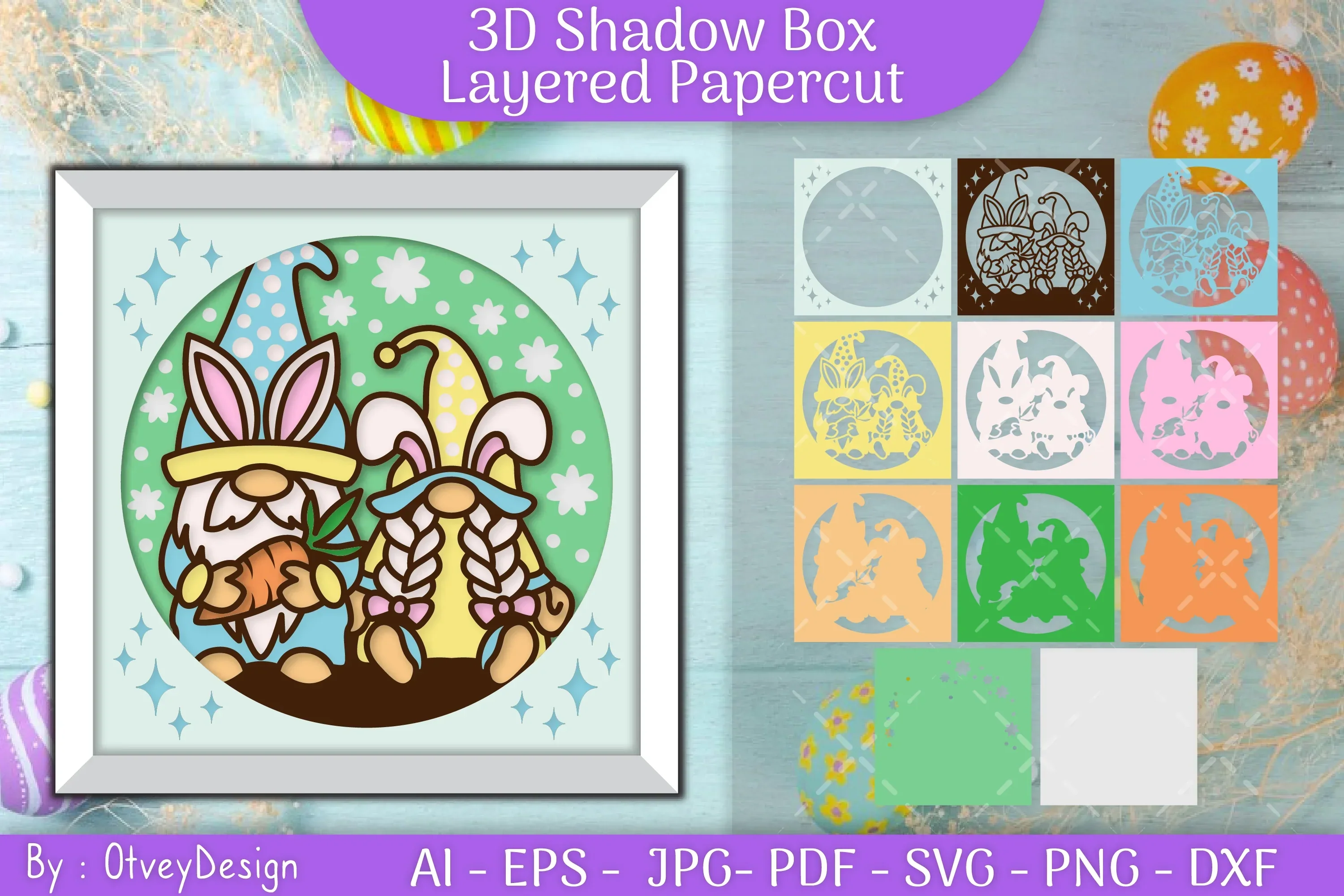 Gnome Easter 3D Shadow Box Layered Papercut SVG Bundle