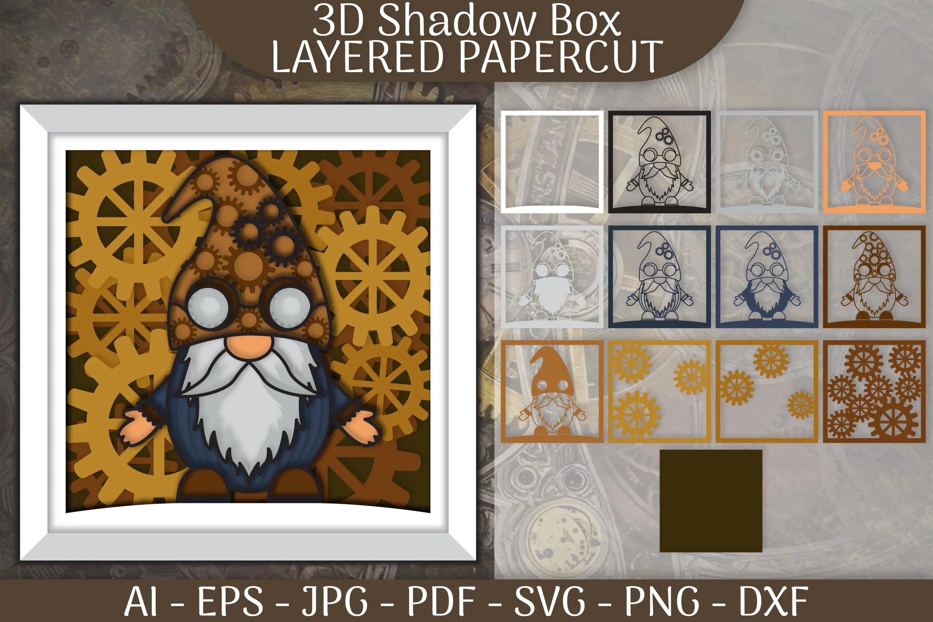 Gnome Steampunk 3D Shadowbox Layered Papercut SVG Bundle
