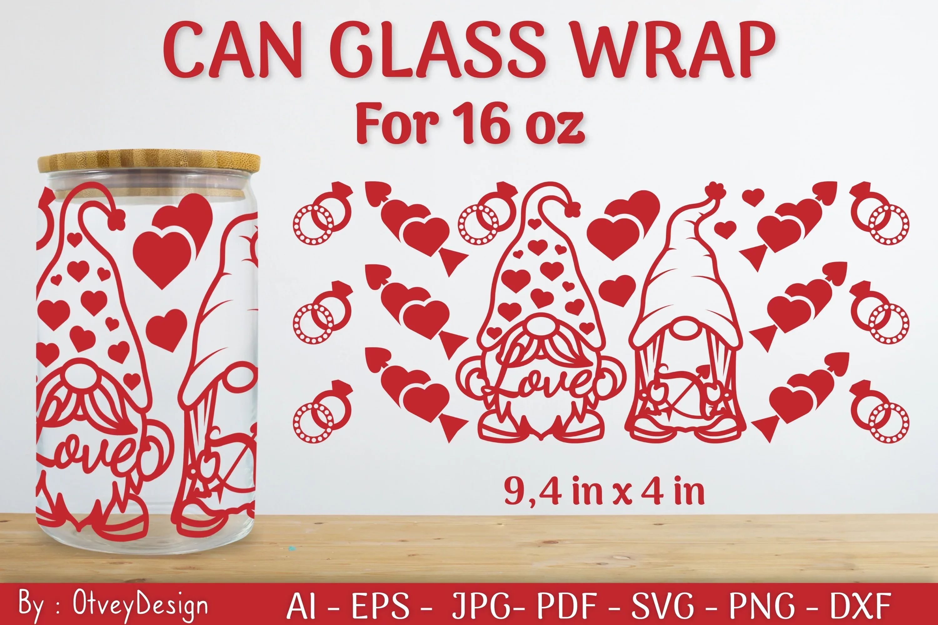Gnome Valentine Can Glass 16 OZ SVG Bundle