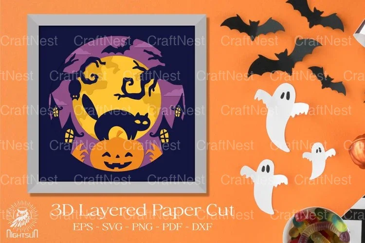 Halloween Cat Layered Paper Cut Clipart Bundle