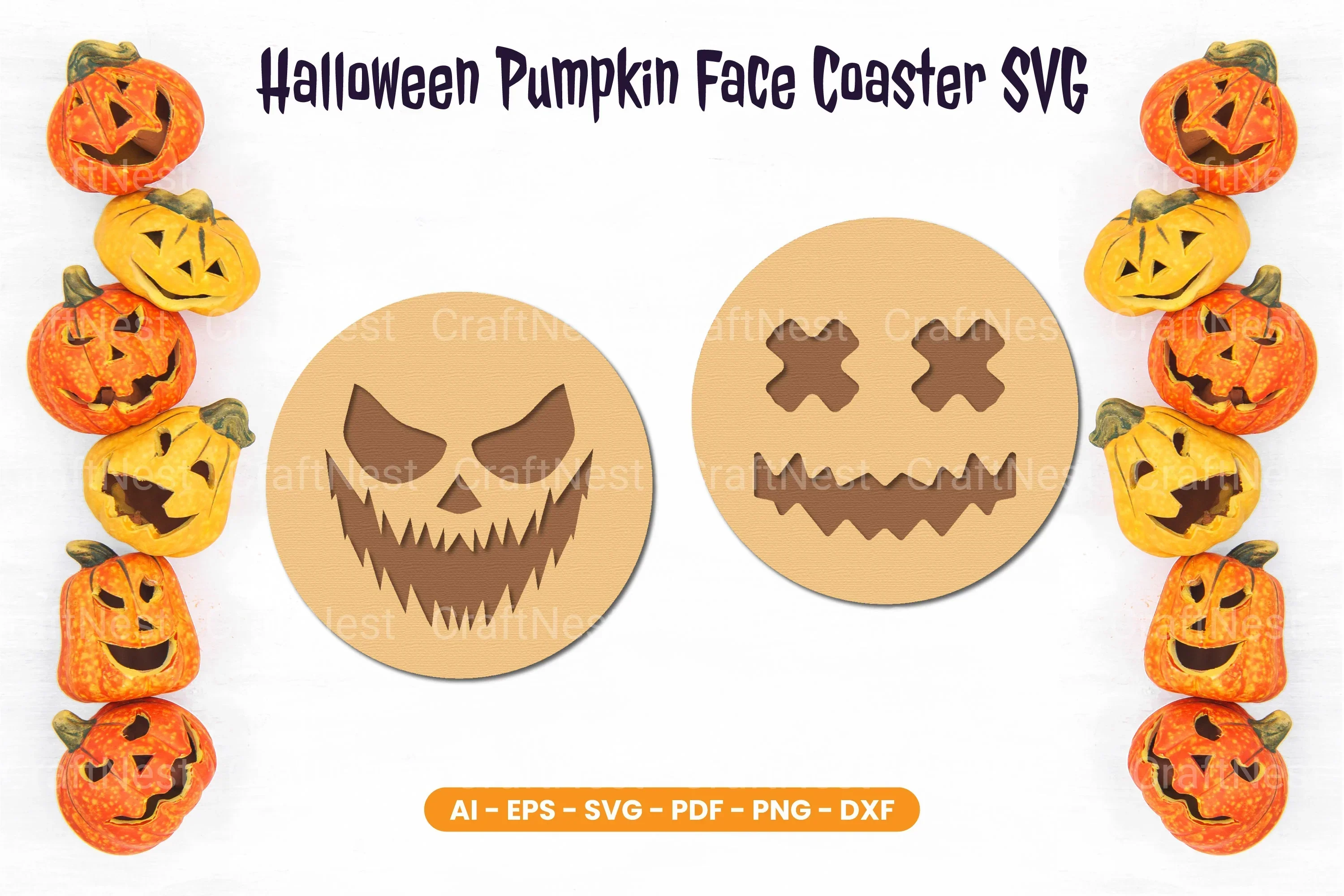 Halloween Pumpkin Face Coaster SVG Bundle - Clipart Bundle