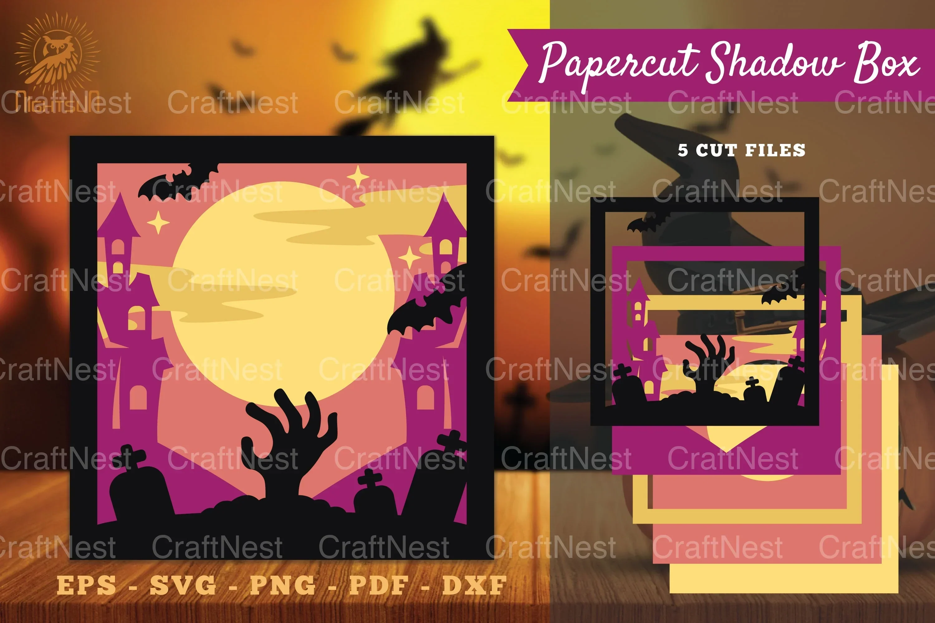 Halloween Scene Papercut Shadow Box SVG Bundle