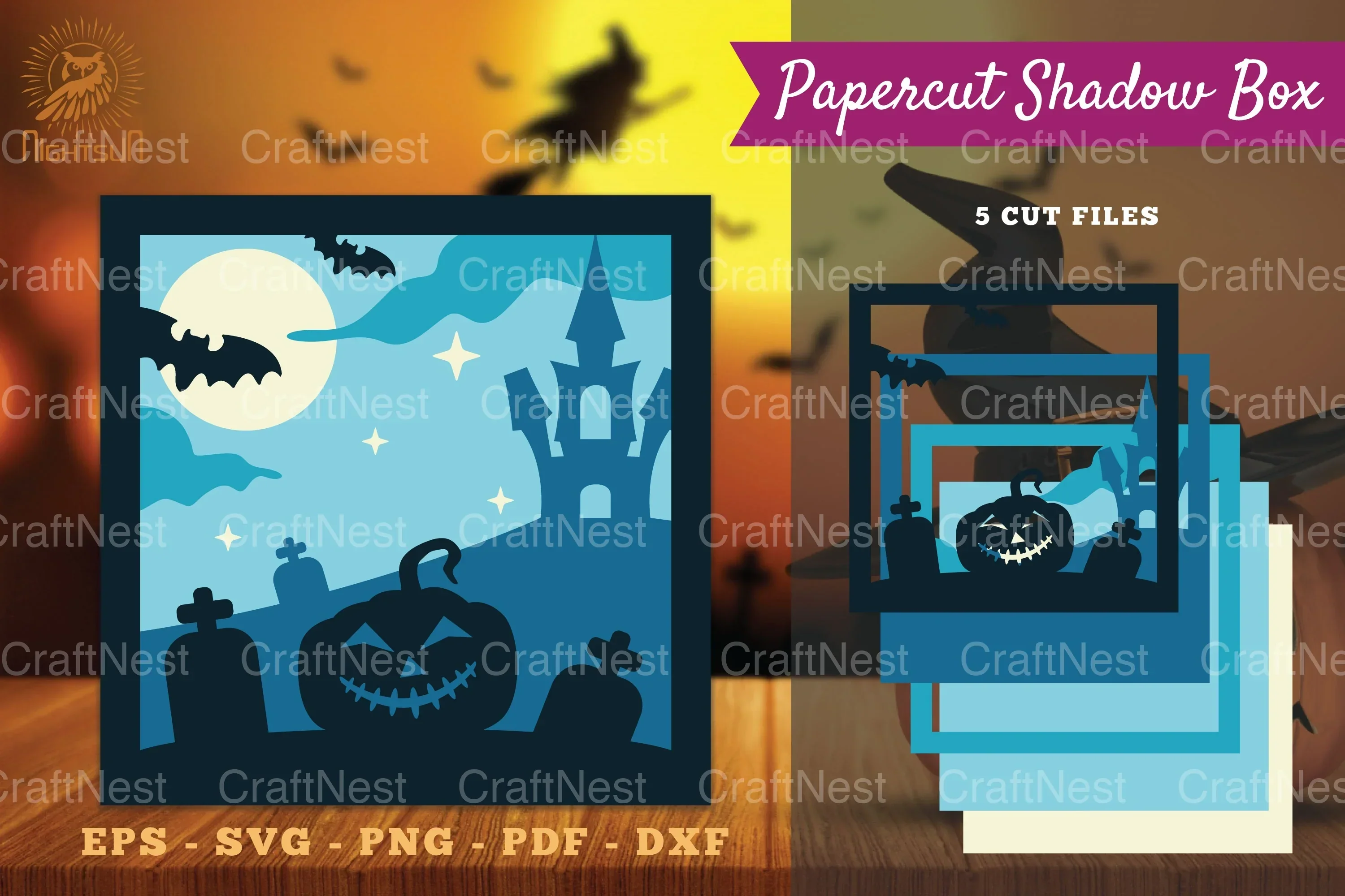 Halloween Scene Papercut Shadow Box SVG Bundle