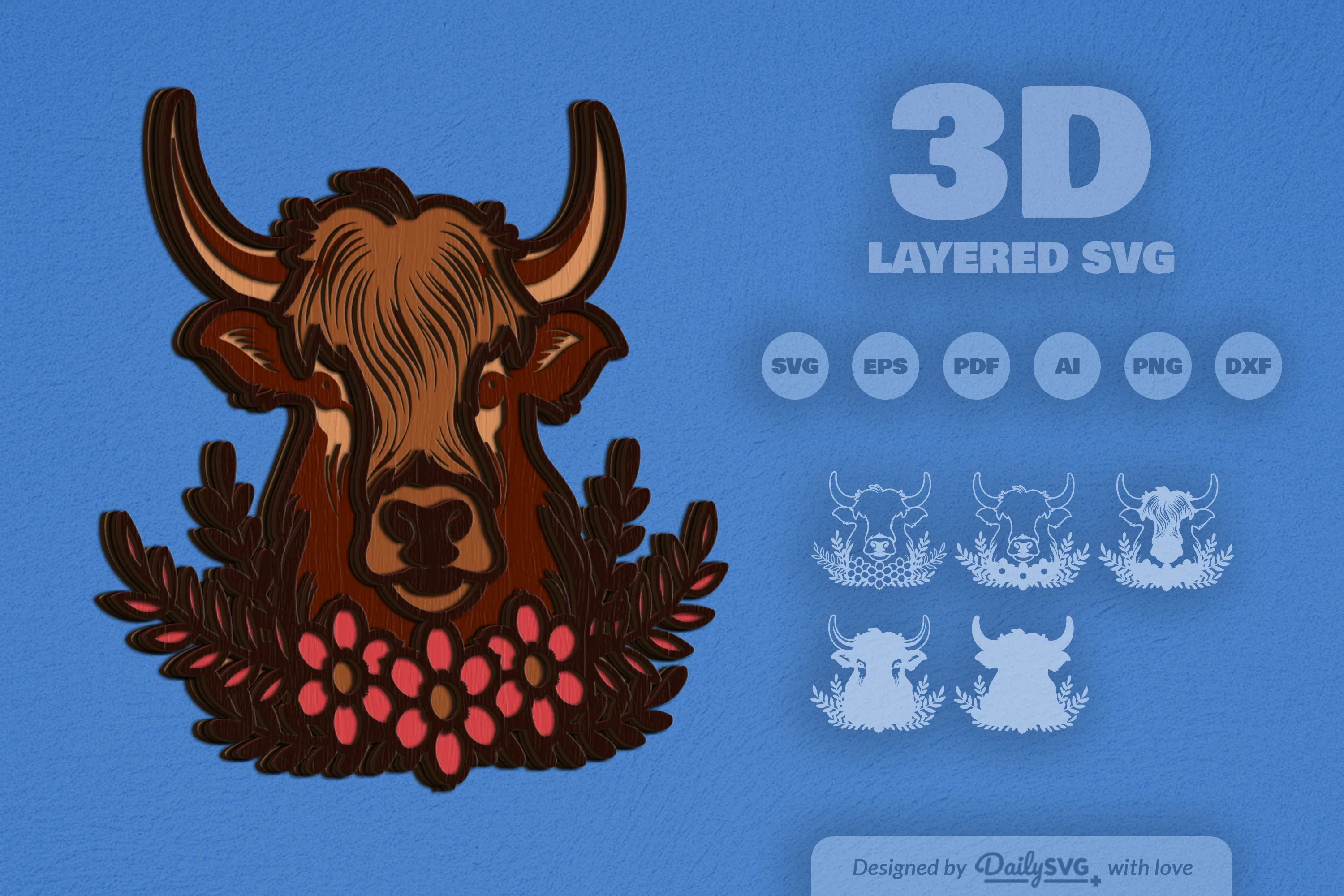 Highland Cow Floral Laser Cut SVG Bundle - Image 2