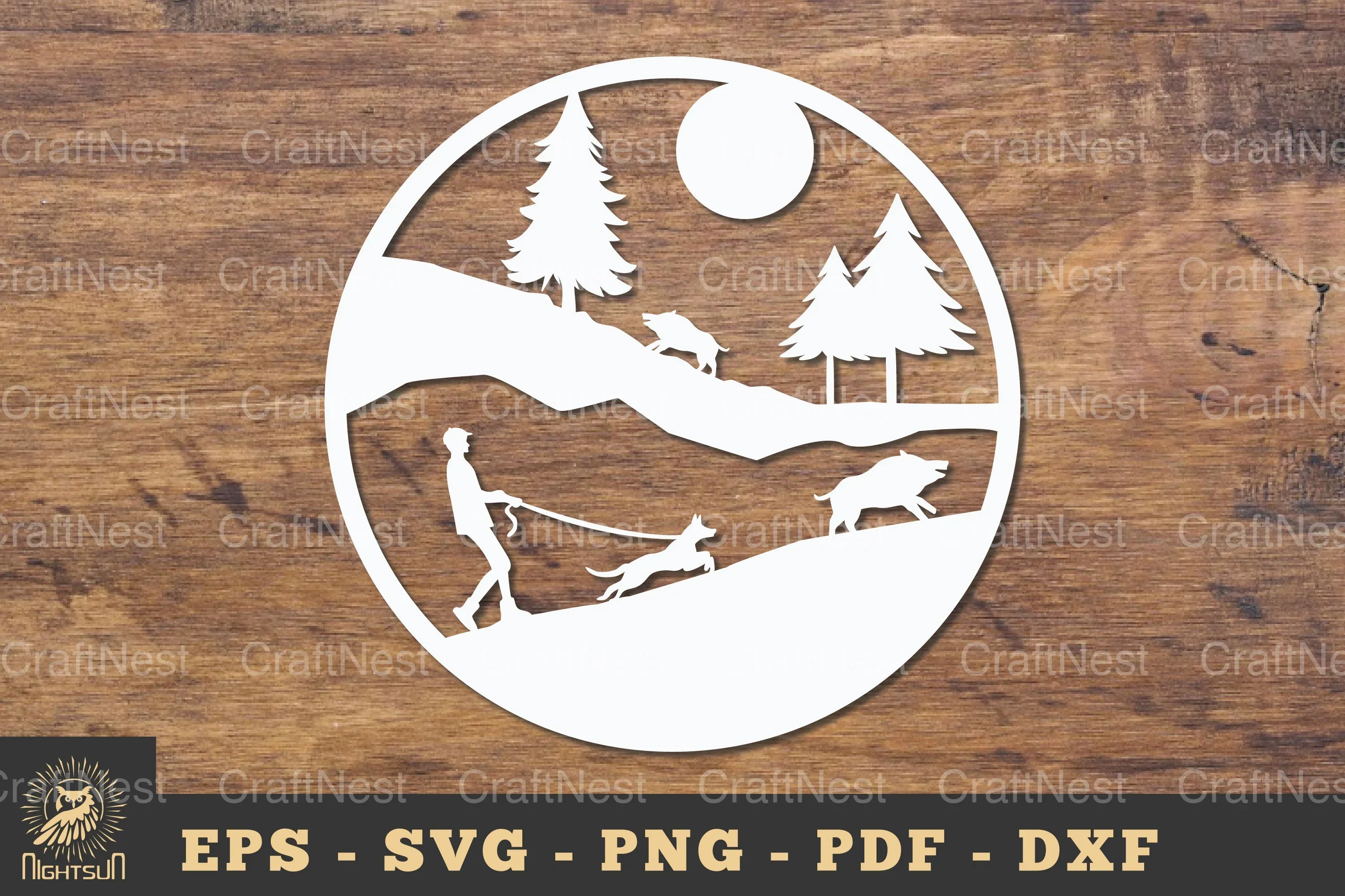 Hunting Wild Boars with Dogs Papercut Round Clipart Bundle