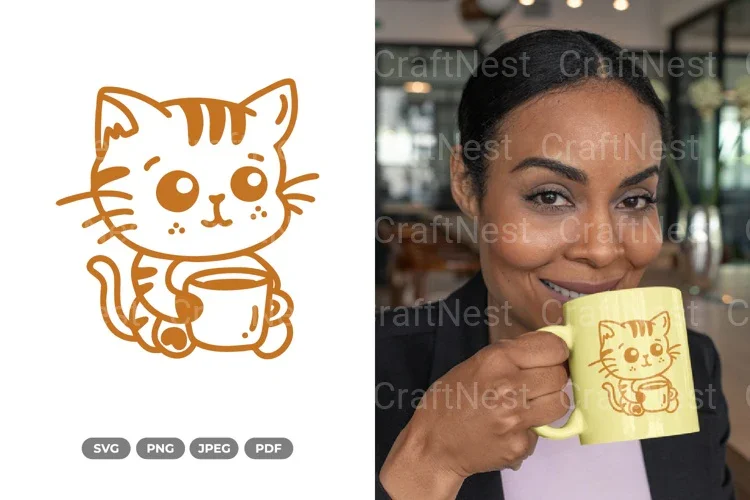 Kawaii Cat Drinking Coffee Cute SVG Bundle