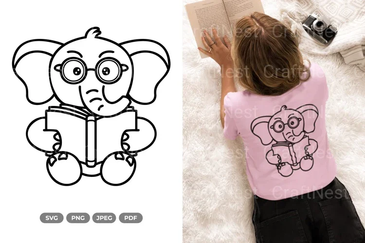Kawaii Elephant Reading Book Doodle Animal Clipart Bundle