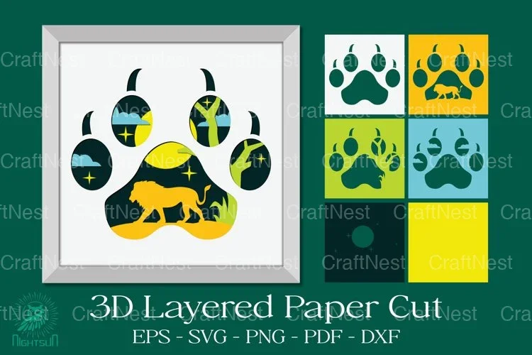 Lion Footprint 3D Layered Papercut Clipart Bundle