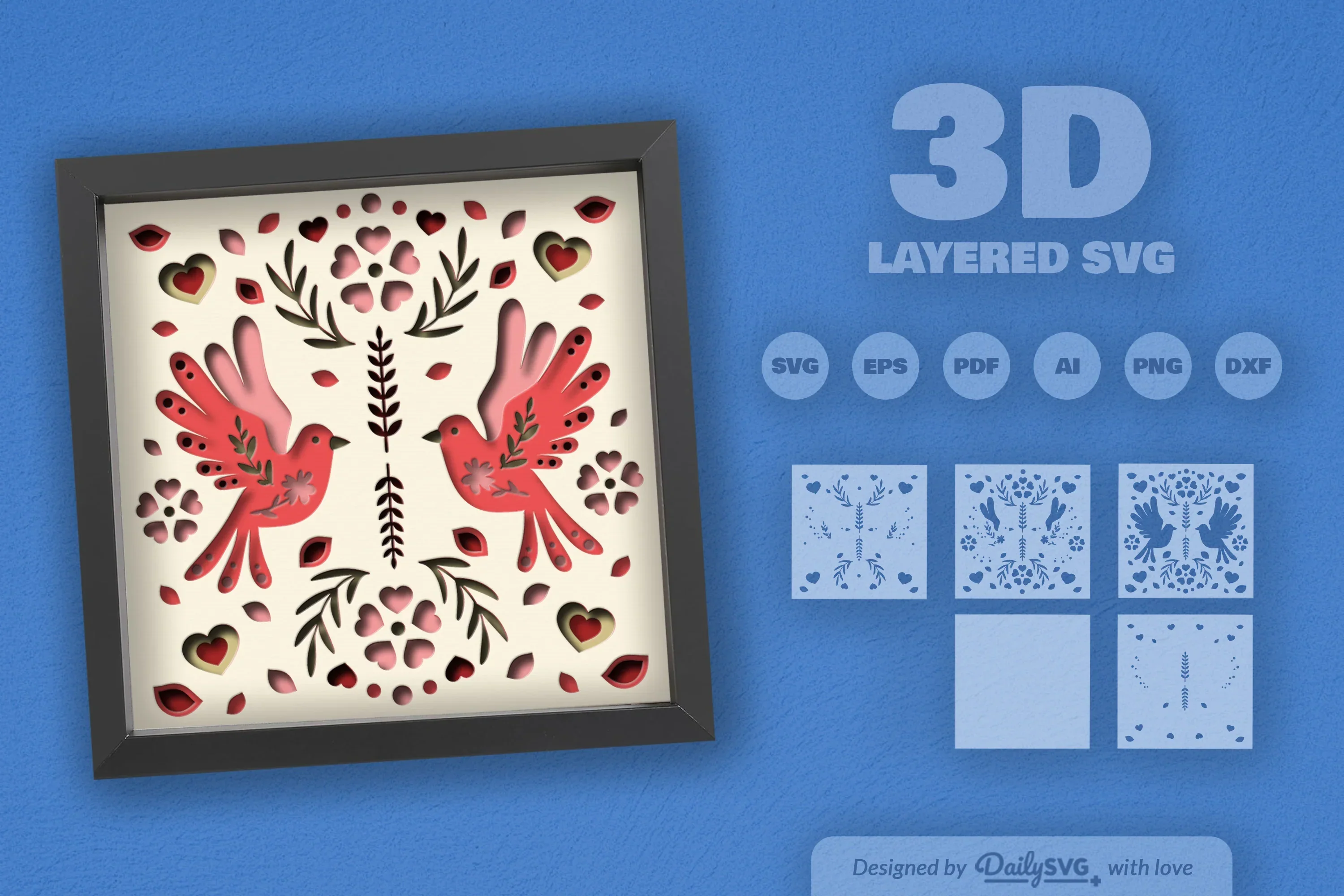 Love Bird Floral Folk Art Papercut SVG Bundle - Image 2