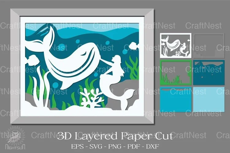 Mermaids and Whales 3D Layered Papercut Clipart Bundle
