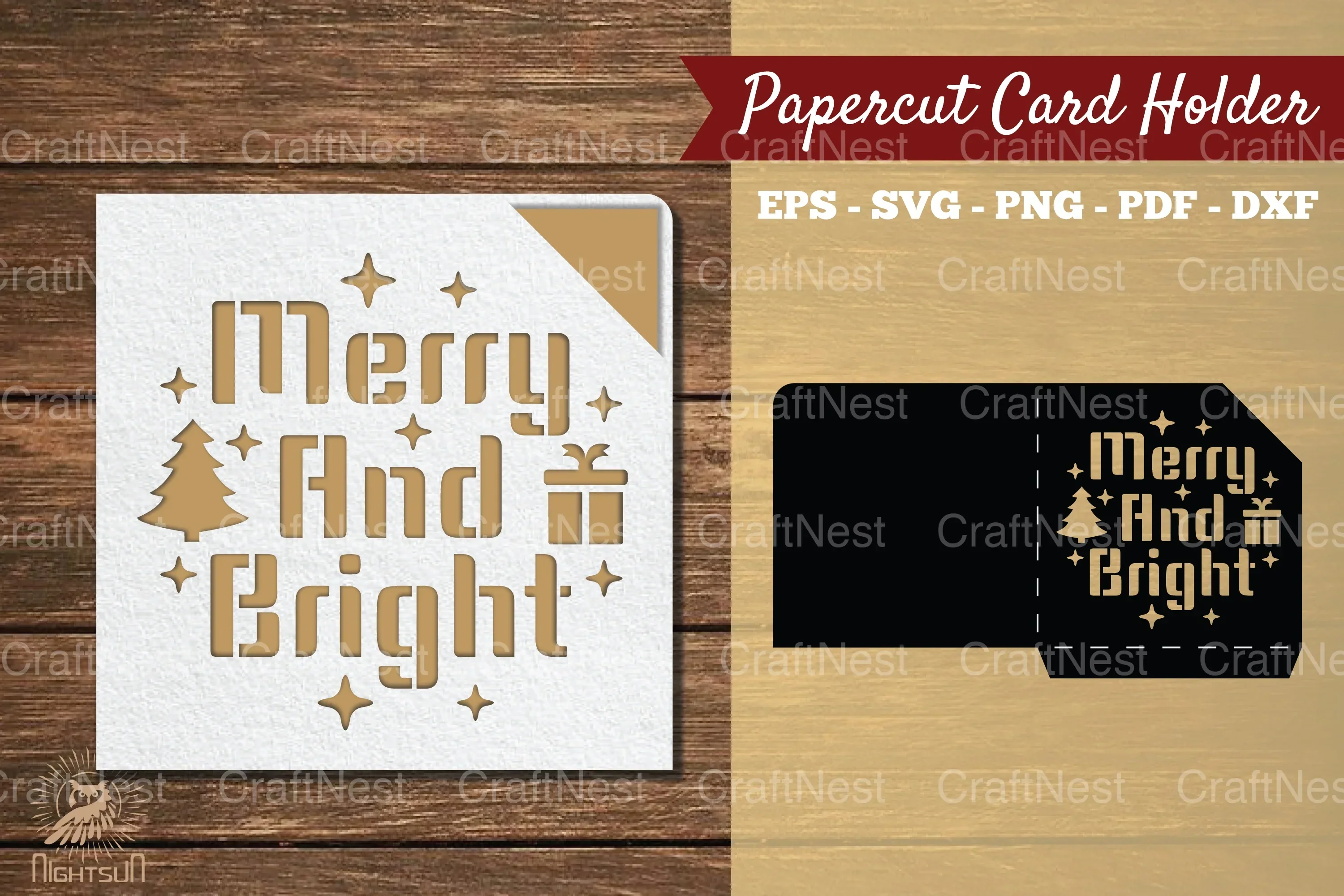 Merry and Bright Papercut Card Holder SVG Clipart