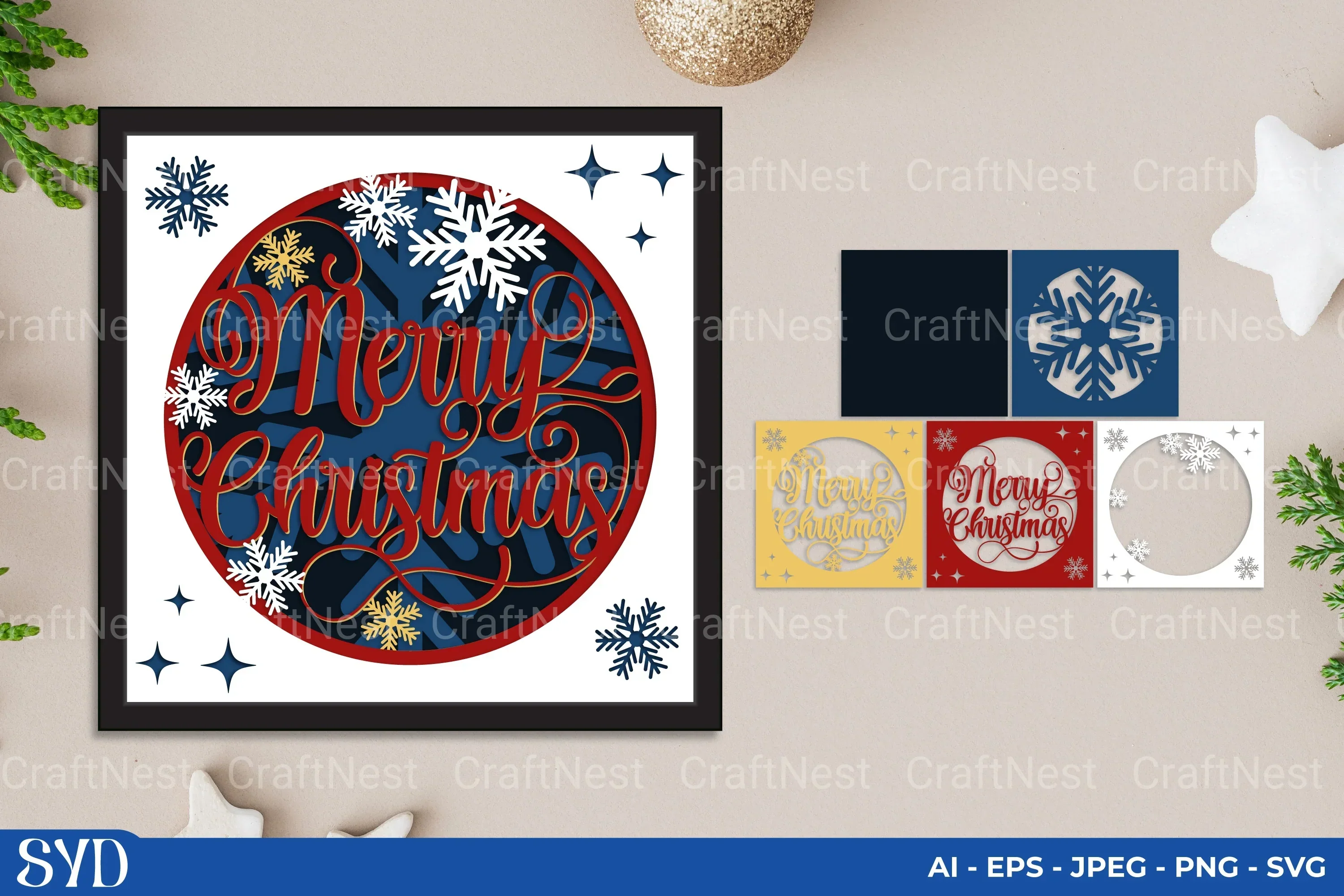 Merry Christmas 3D Layered Papercut SVG Bundle