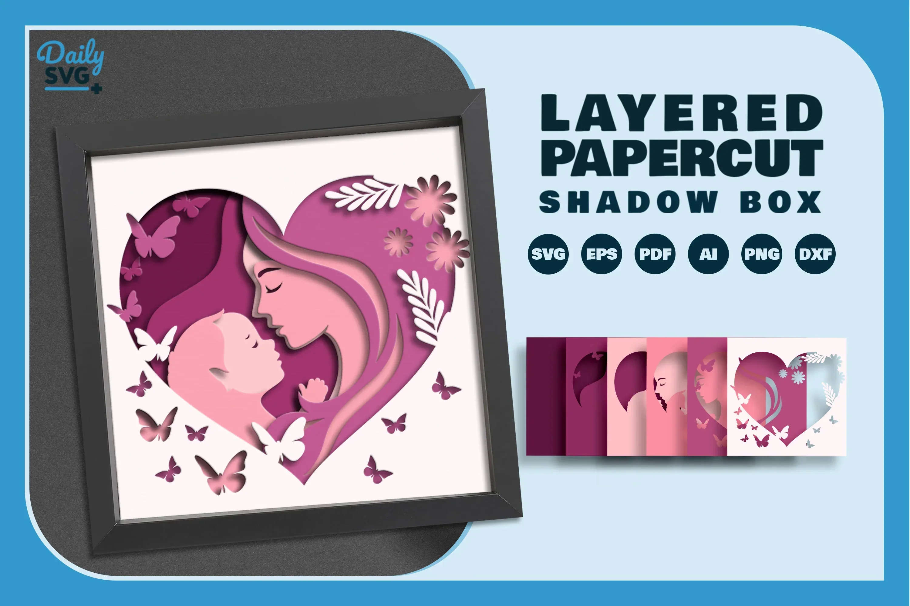 Mom and Baby Girl Heart Shape Papercut SVG Bundle - Image 2